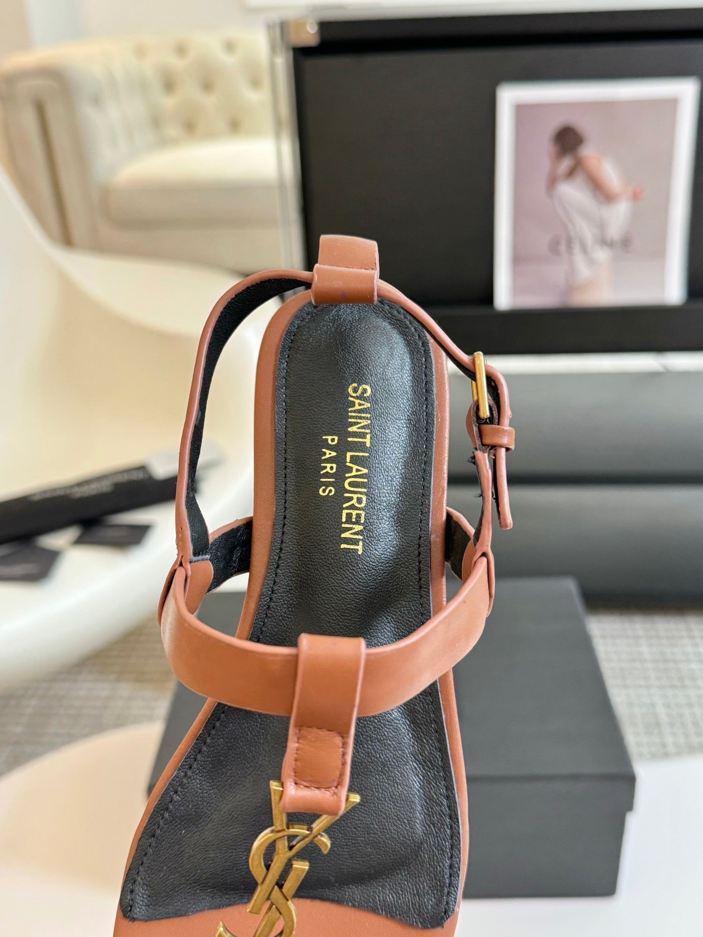 Saint Laurent SL Cassandra Flat Sandals Black Tan Leather