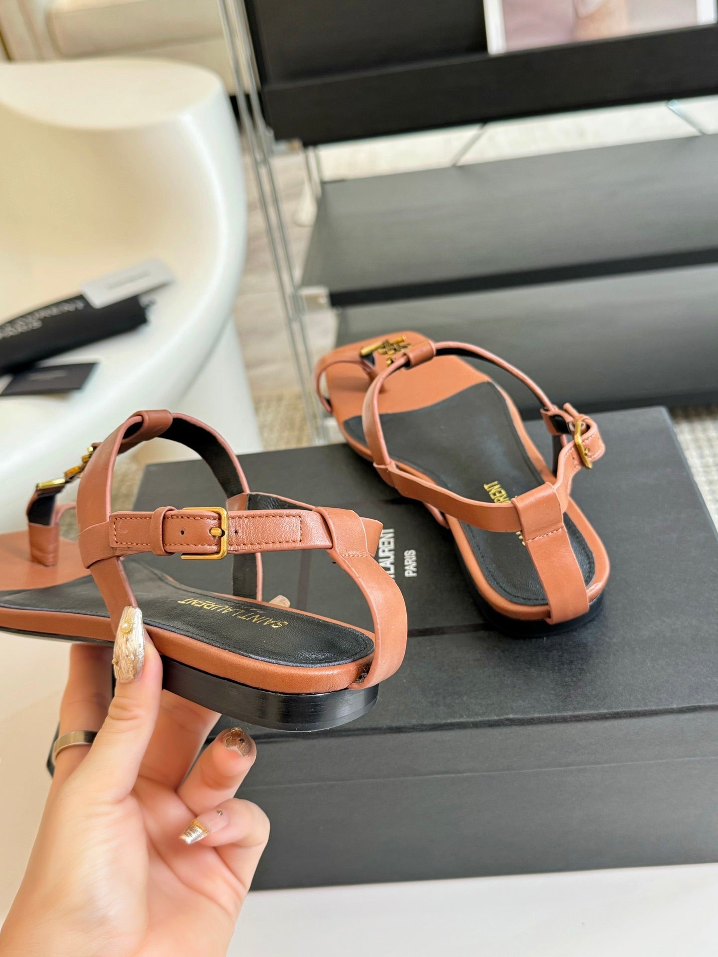 Saint Laurent SL Cassandra Flat Sandals Black Tan Leather