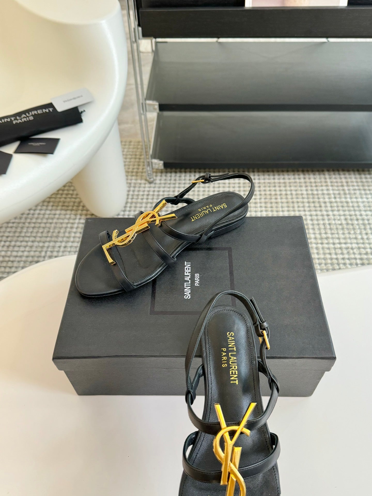 Saint Laurent Yves SL Buckle Women Sandals Black Leather