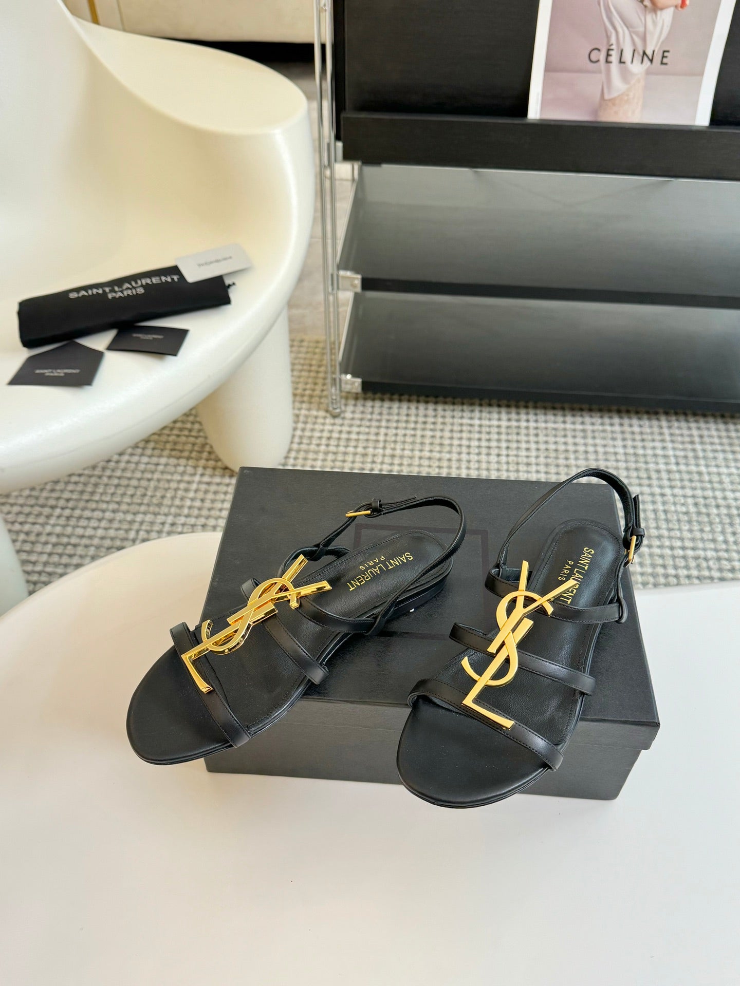 Saint Laurent Yves SL Buckle Women Sandals Black Leather