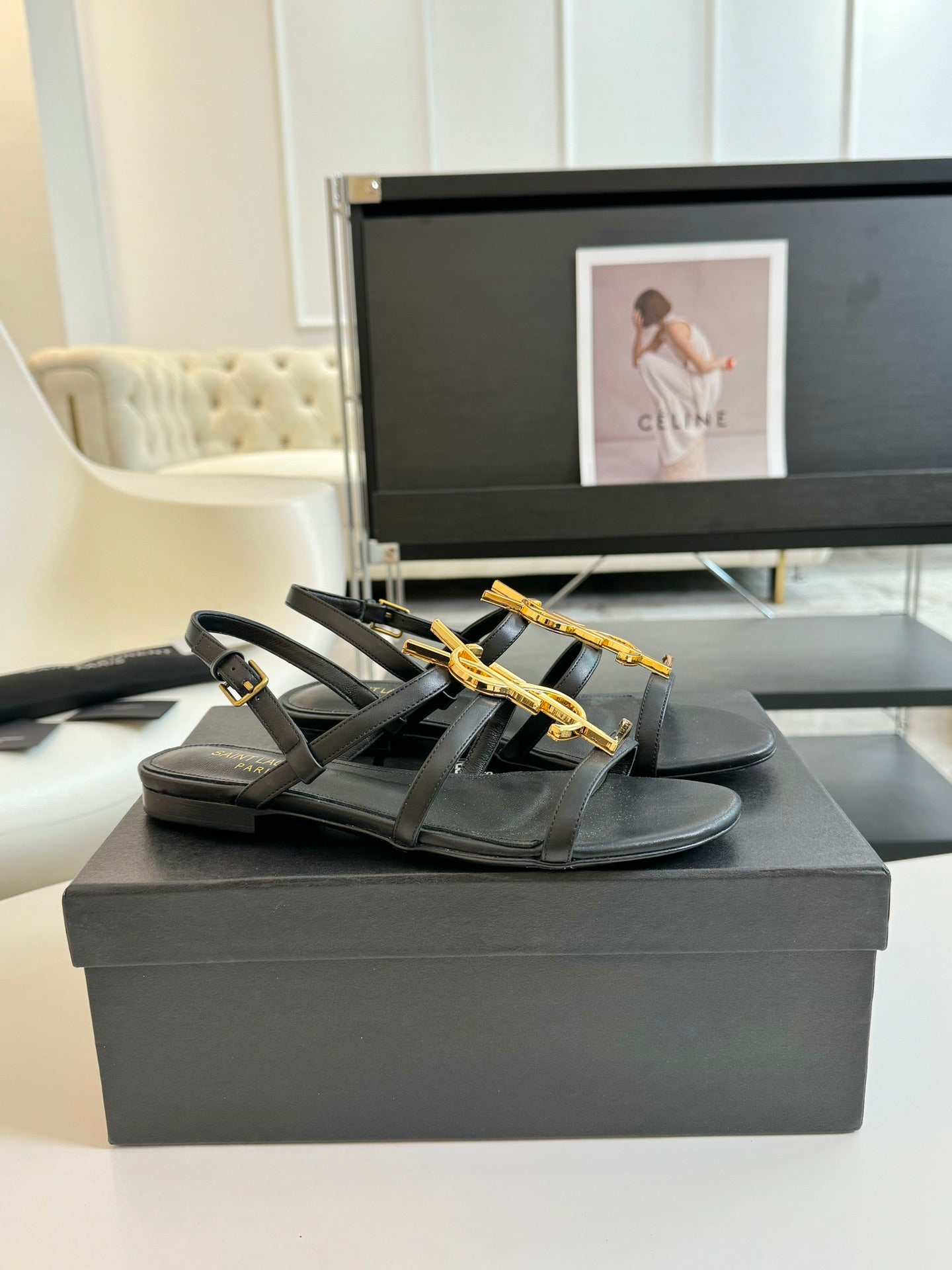 Saint Laurent Yves SL Buckle Women Sandals Black Leather