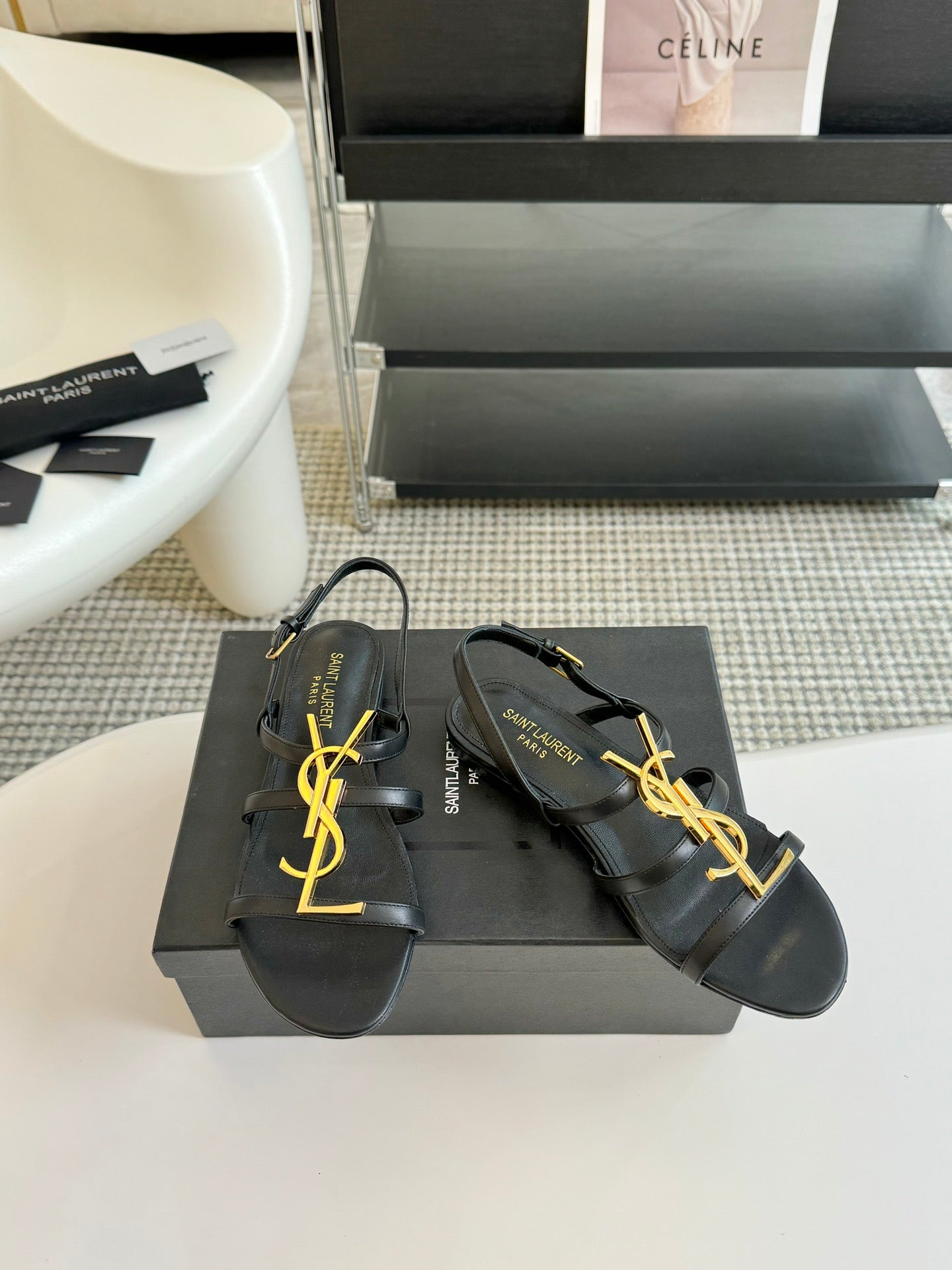 Saint Laurent Yves SL Buckle Women Sandals Black Leather