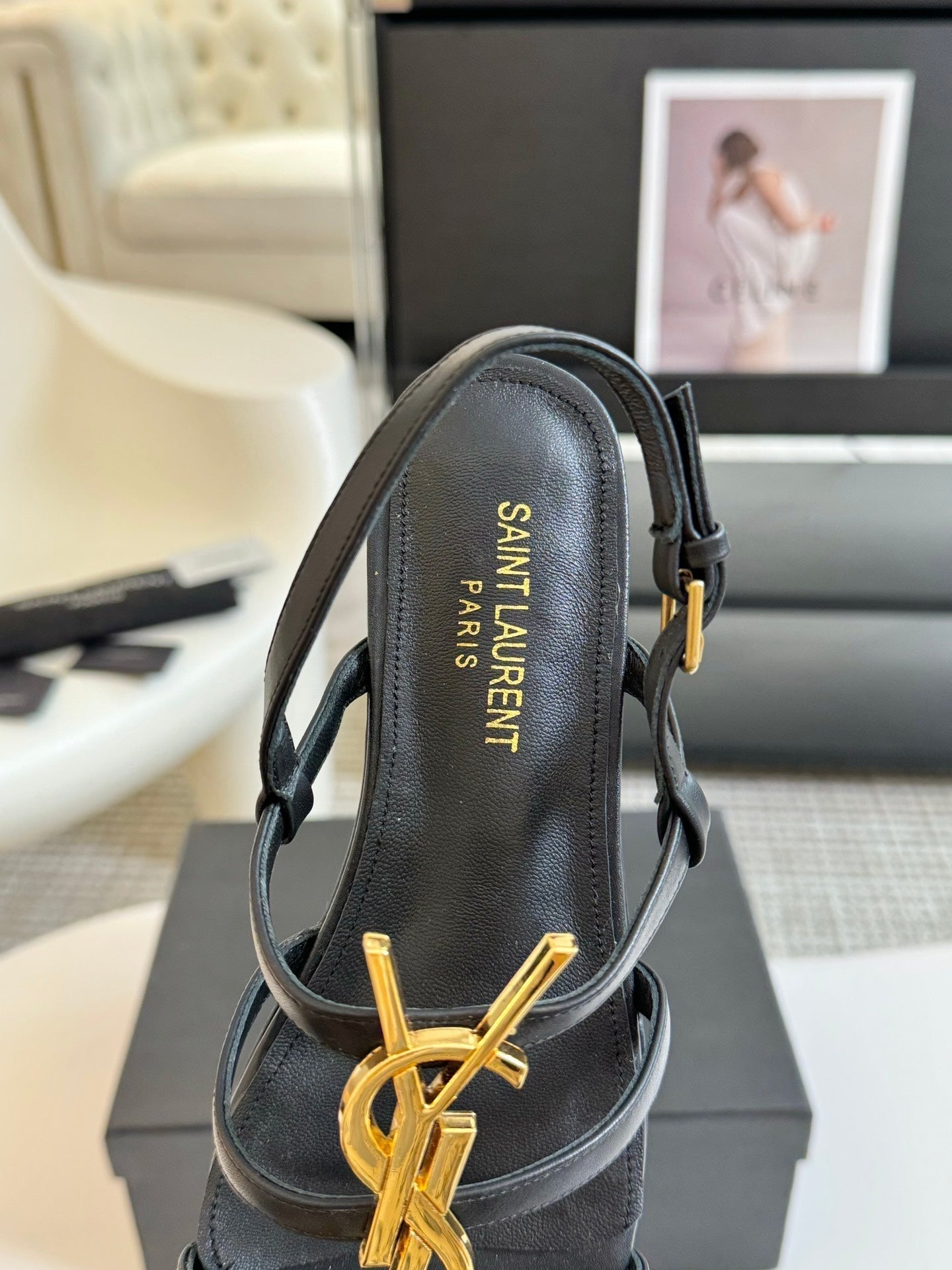 Saint Laurent Yves SL Buckle Women Sandals Black Leather