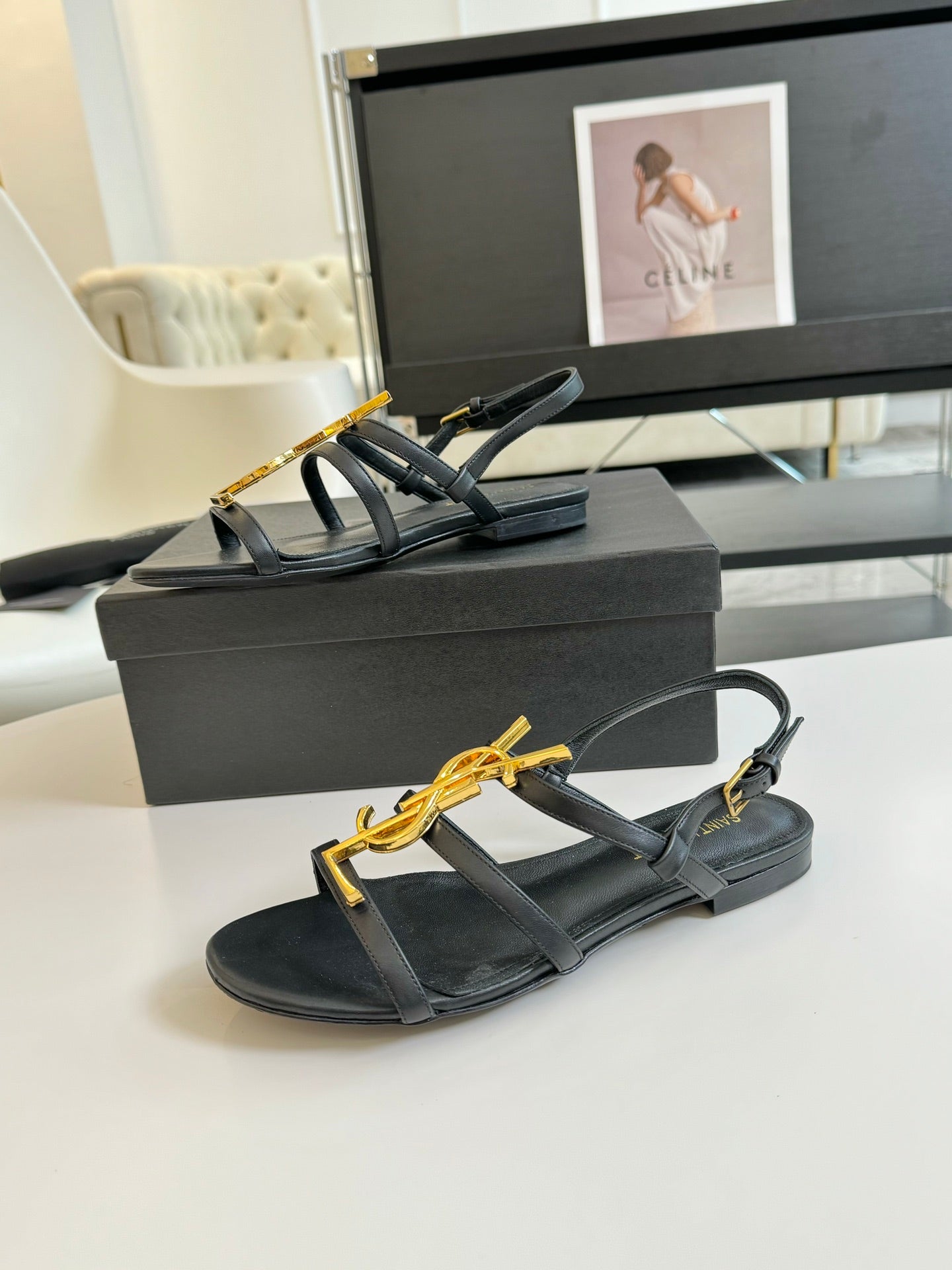 Saint Laurent Yves SL Buckle Women Sandals Black Leather