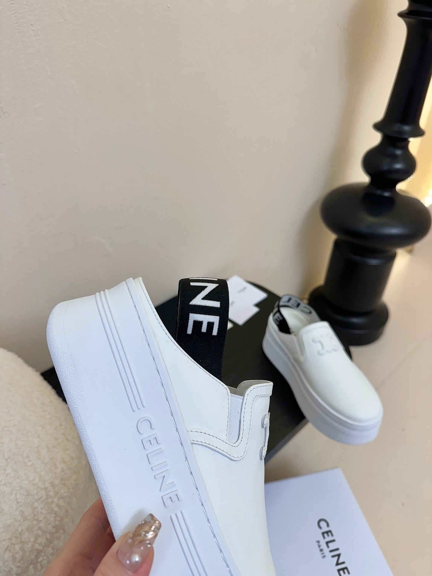 Celine CELINE Block Wedge Mule White Calfskin 235721