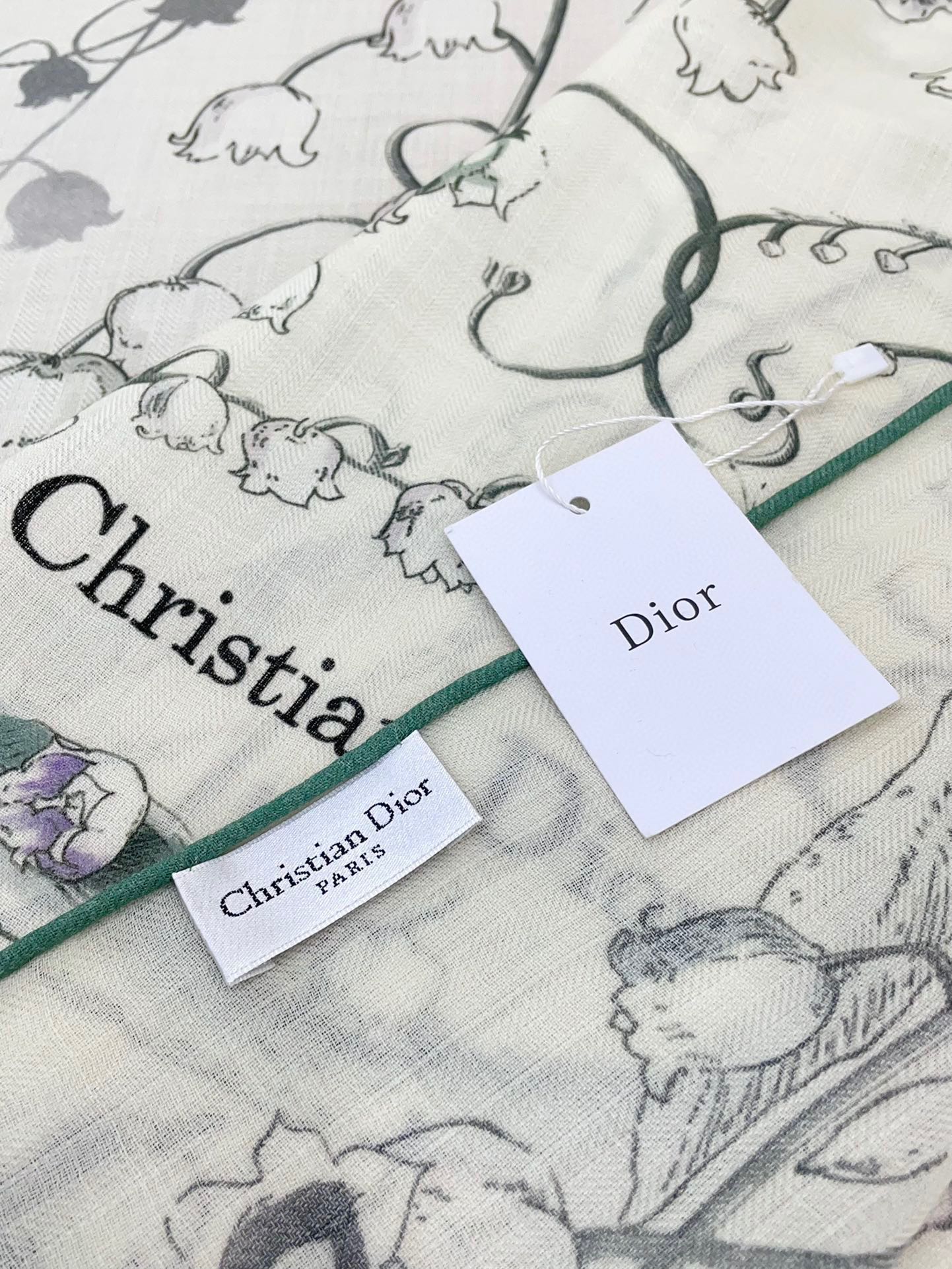 DIOR SCARF 140 CM IN WHITE MIX TEAL GREEN CASHMERE AND SILK 376423