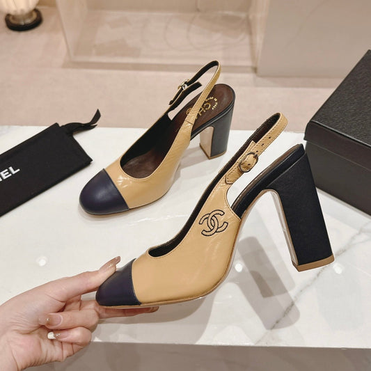 CHANEL 24P SLINGBACKS 95MM BEIGE BLACK LAMBSKIN