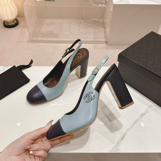 CHANEL 24P SLINGBACKS 95MM TURQUOISE BLACK LAMBSKIN