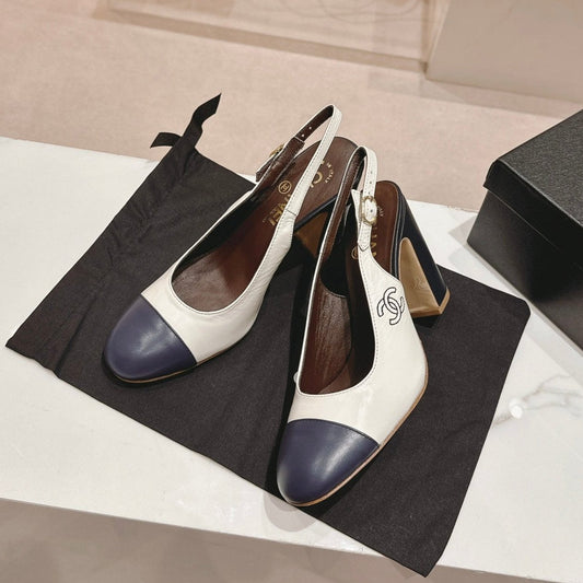 CHANEL 24P SLINGBACKS 95MM WHITE BLACK LAMBSKIN