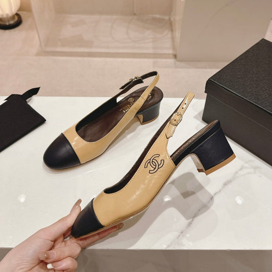 CHANEL 24P SLINGBACKS 45MM BEIGE BLACK LAMBSKIN