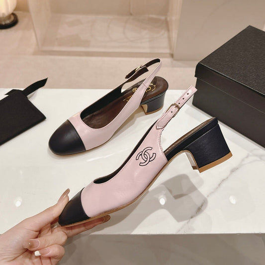 CHANEL 24P SLINGBACKS 45MM PINK BLACK LAMBSKIN