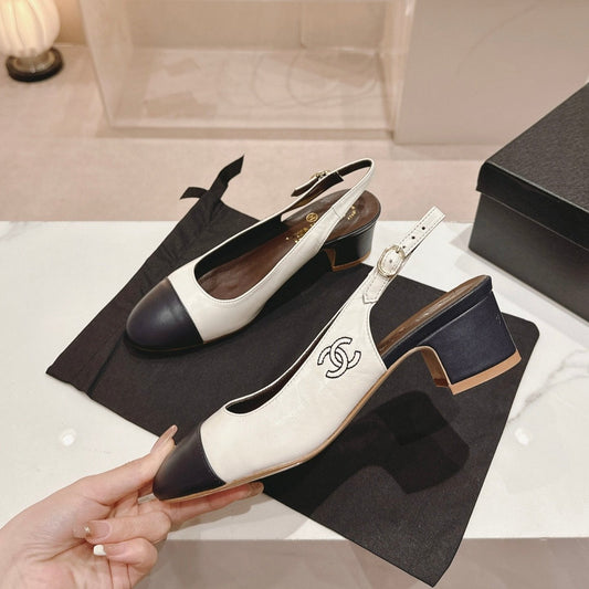 CHANEL 24P SLINGBACKS 45MM WHITE BLACK LAMBSKIN