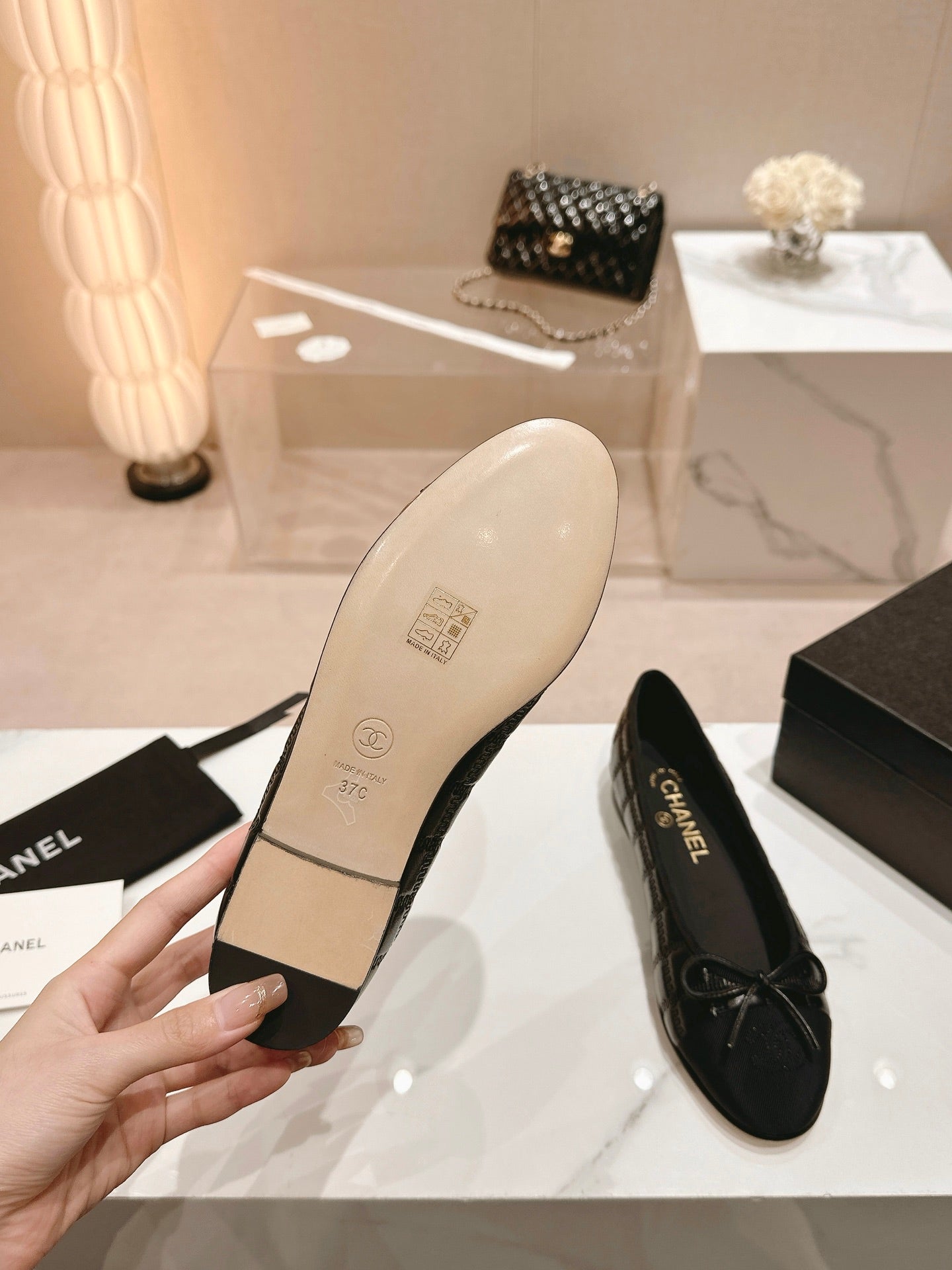CHANEL ballet flats black lambskin embroidery grosgrain