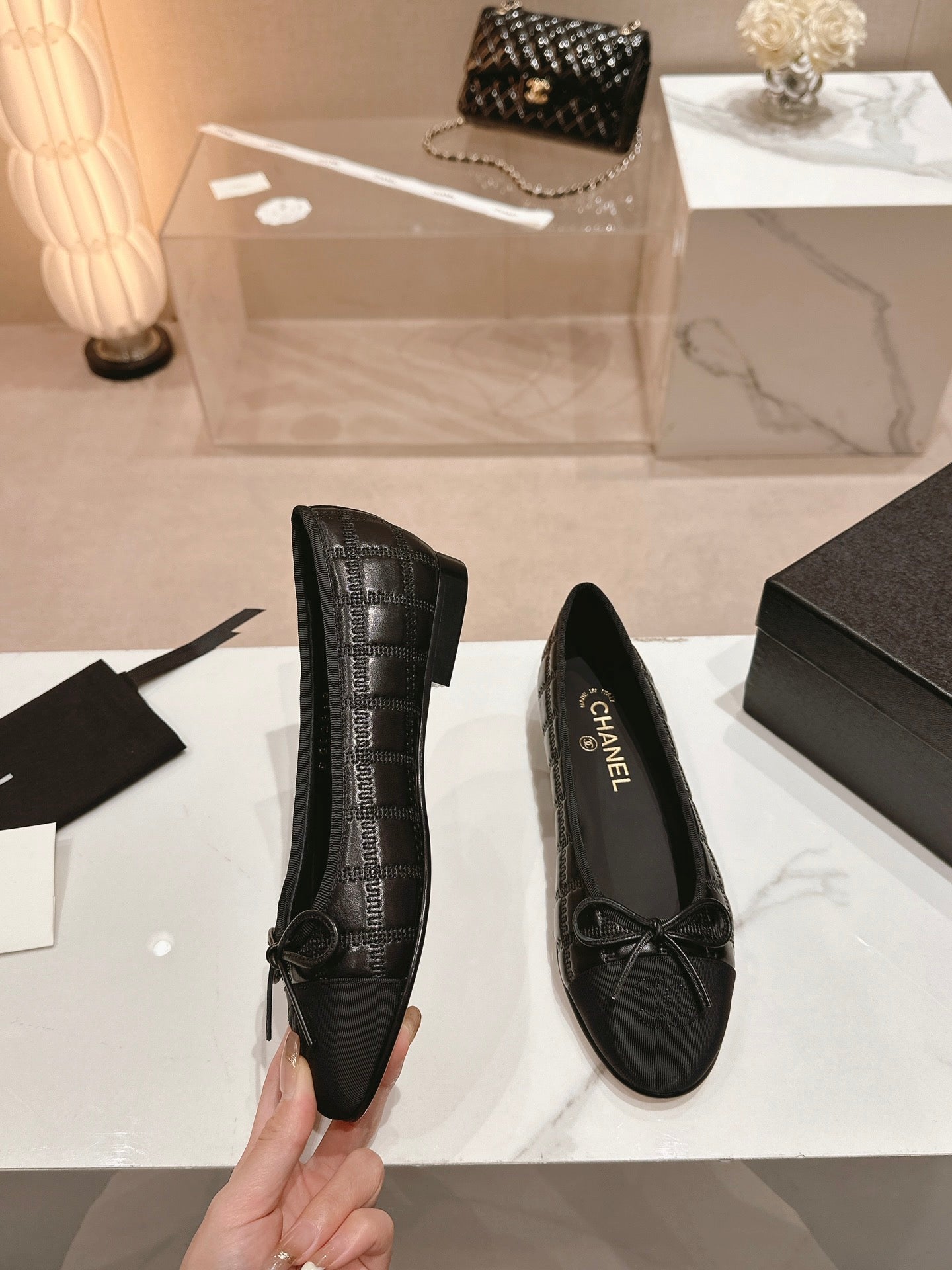 CHANEL ballet flats black lambskin embroidery grosgrain