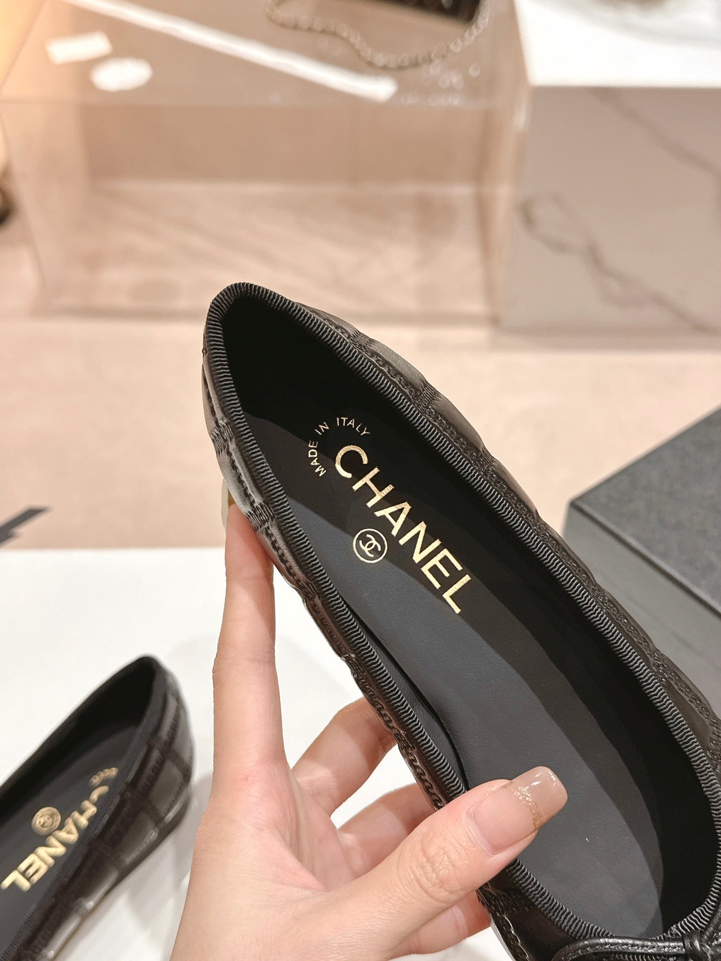 CHANEL ballet flats black lambskin embroidery grosgrain