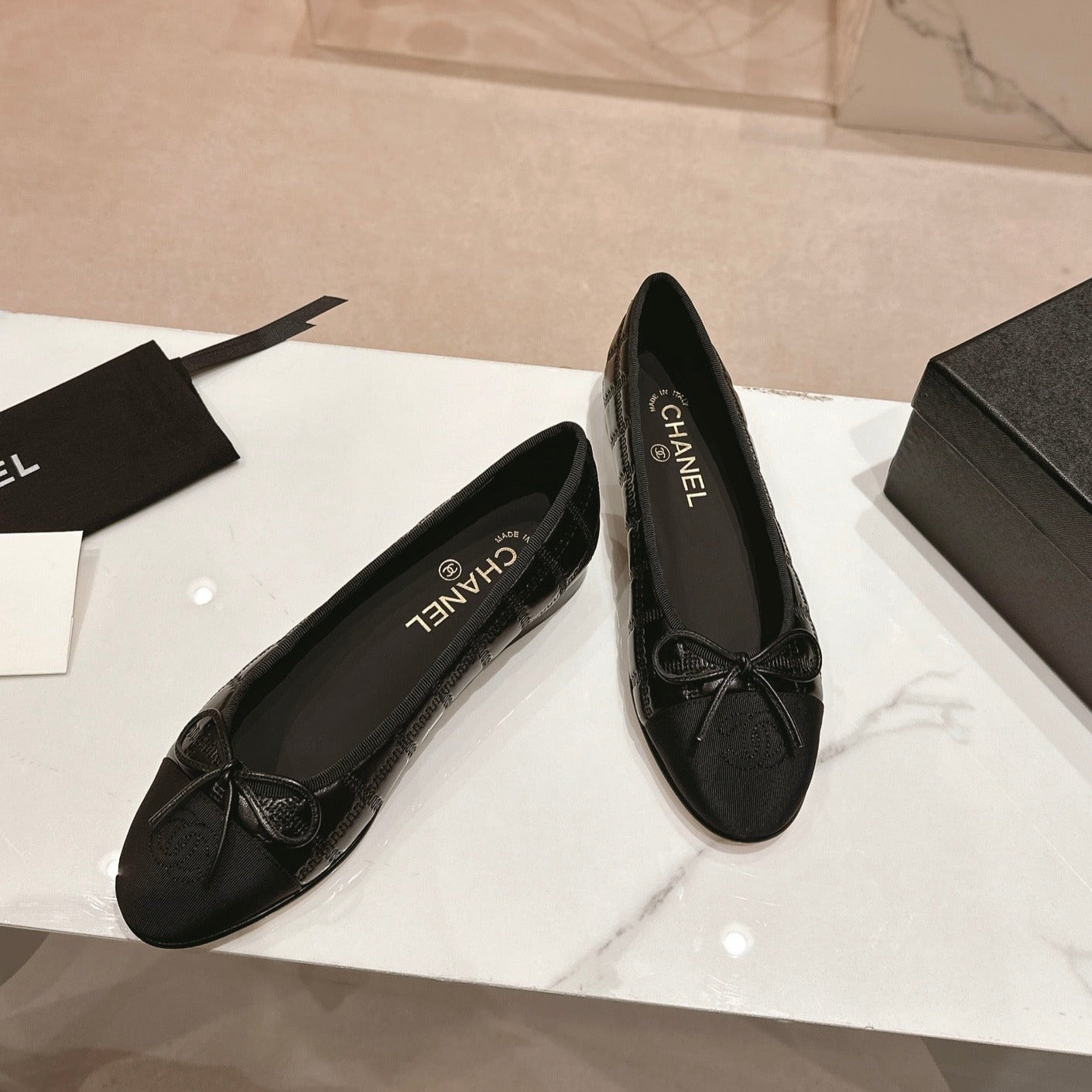 CHANEL ballet flats black lambskin embroidery grosgrain