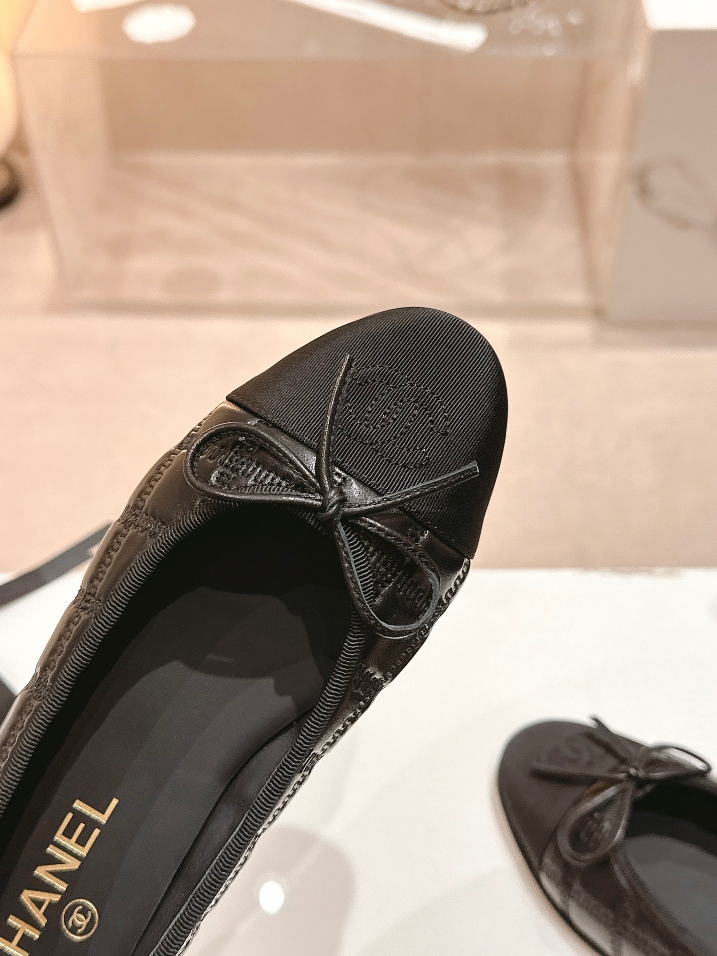 CHANEL ballet flats black lambskin embroidery grosgrain