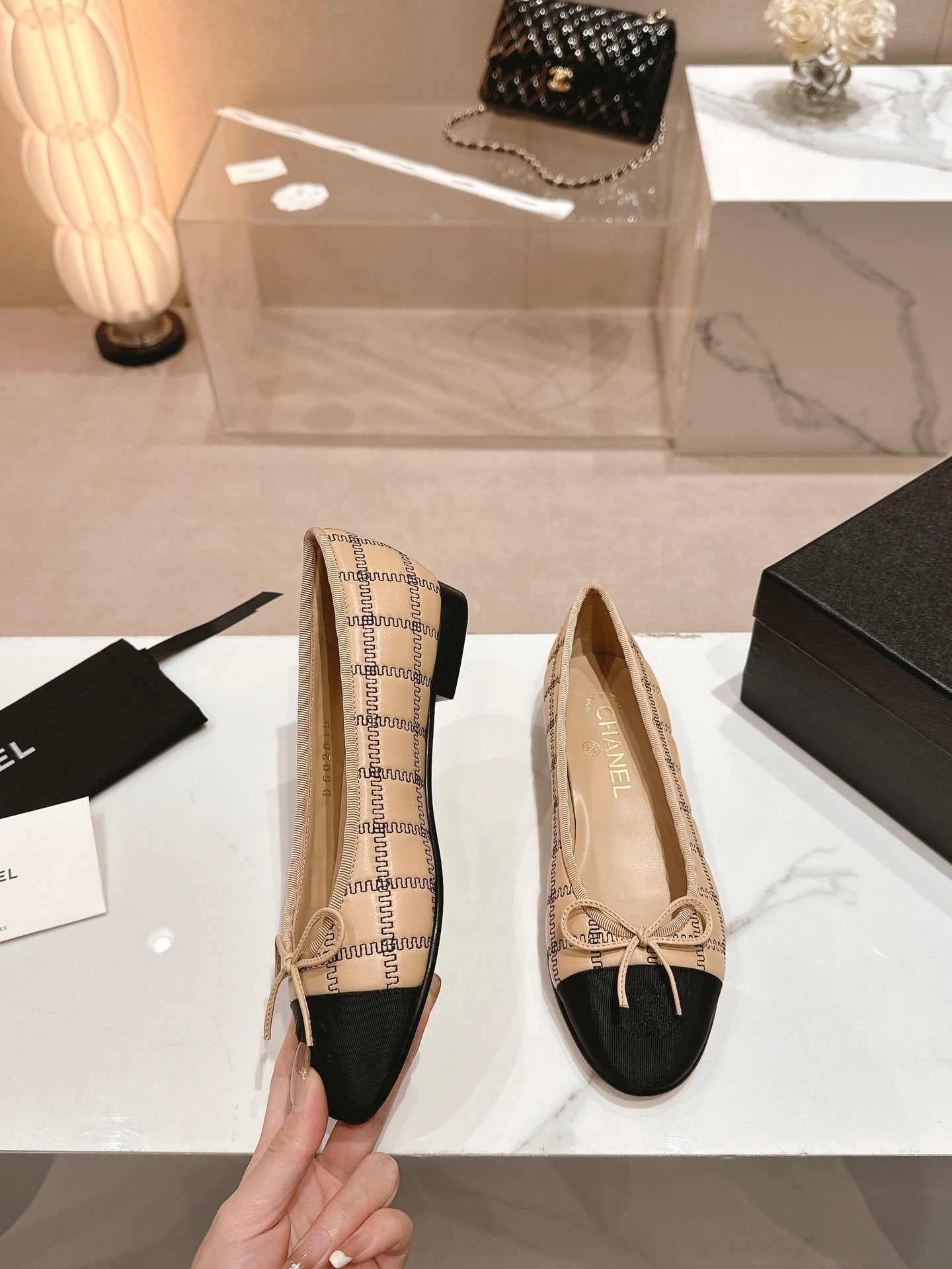 CHANEL ballet flats beige black lambskin embroidery grosgrain