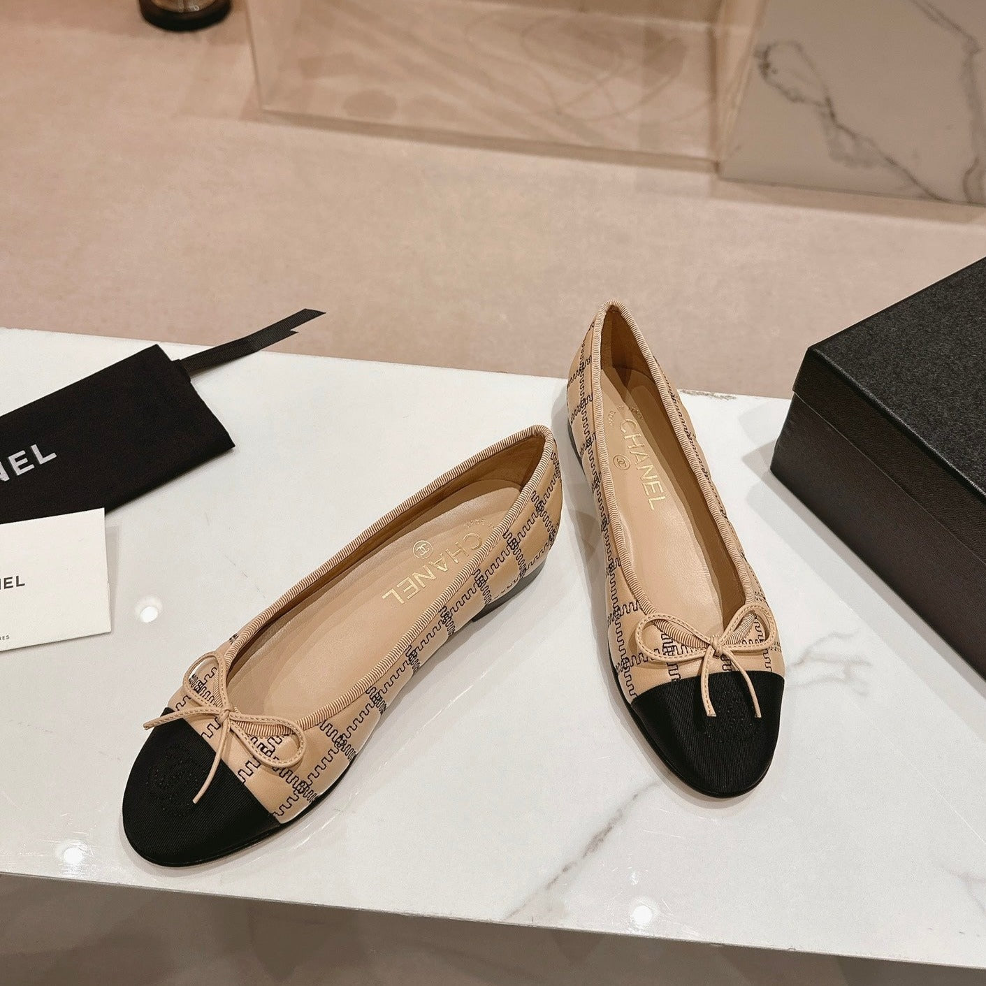 CHANEL ballet flats beige black lambskin embroidery grosgrain