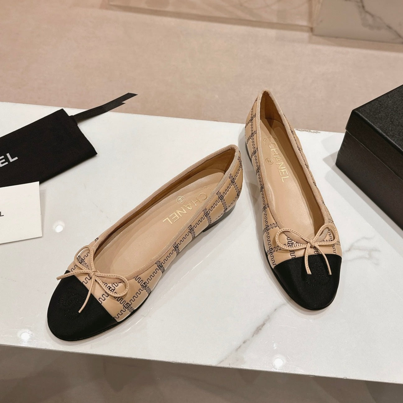 CHANEL ballet flats beige black lambskin embroidery grosgrain