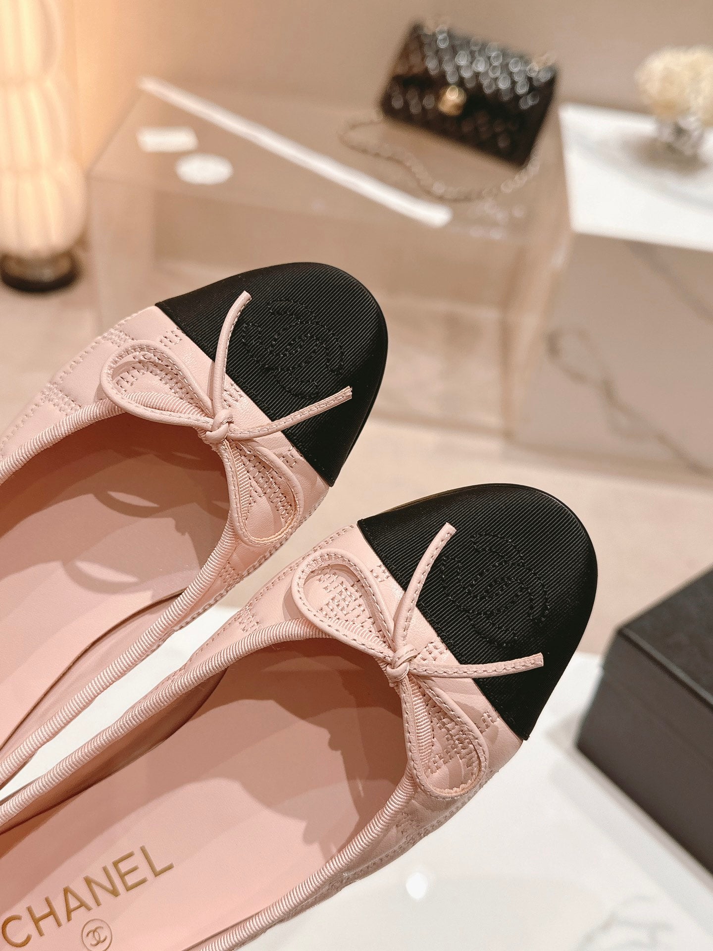 CHANEL ballet flats pink lambskin embroidery grosgrain