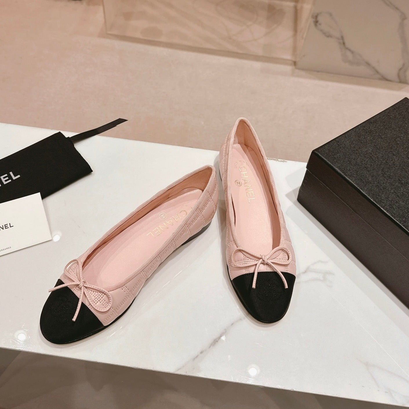 CHANEL ballet flats pink lambskin embroidery grosgrain