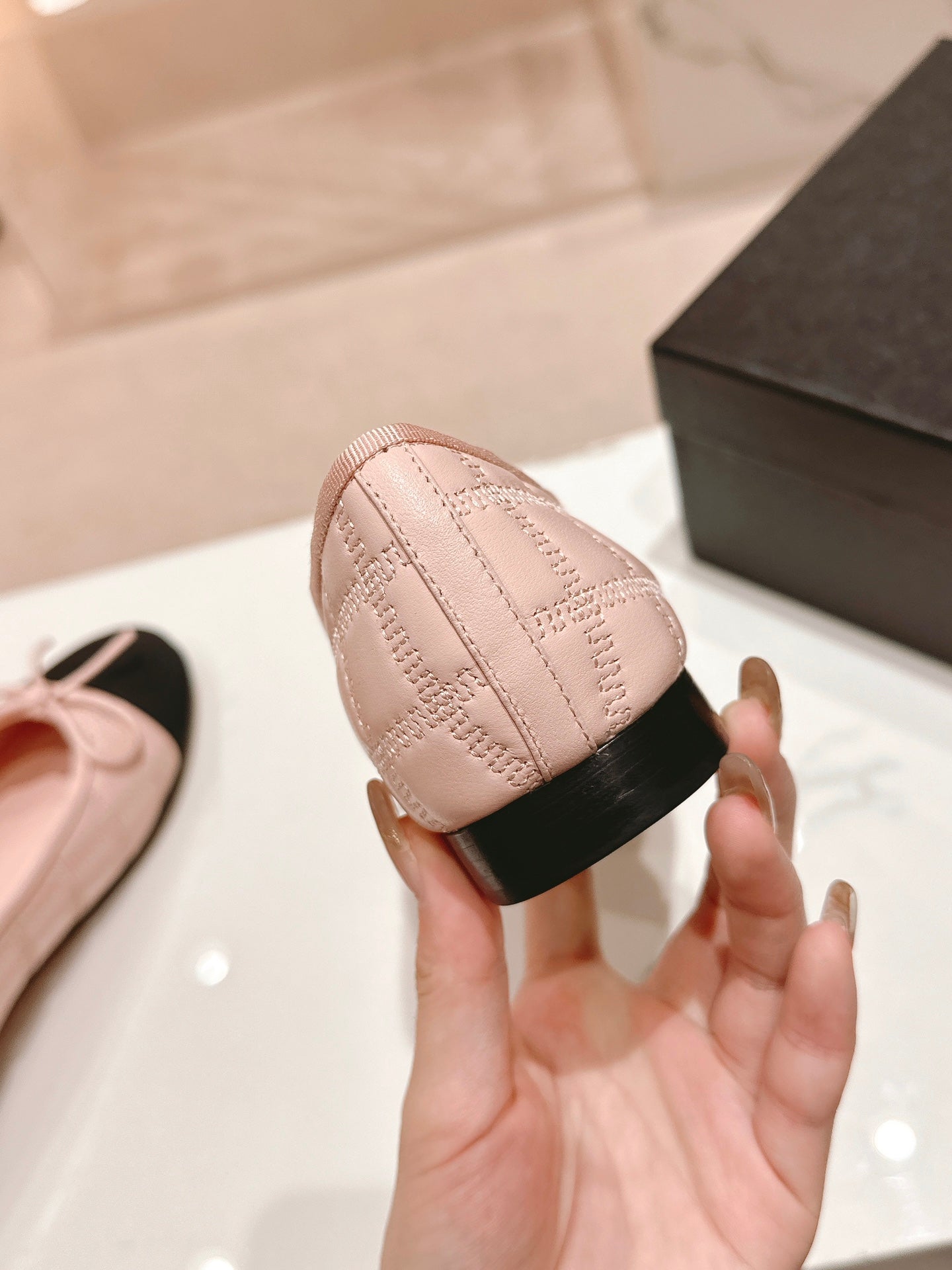 CHANEL ballet flats pink lambskin embroidery grosgrain
