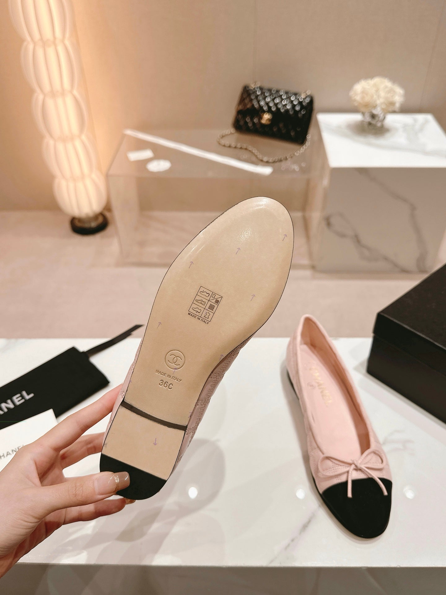 CHANEL ballet flats pink lambskin embroidery grosgrain
