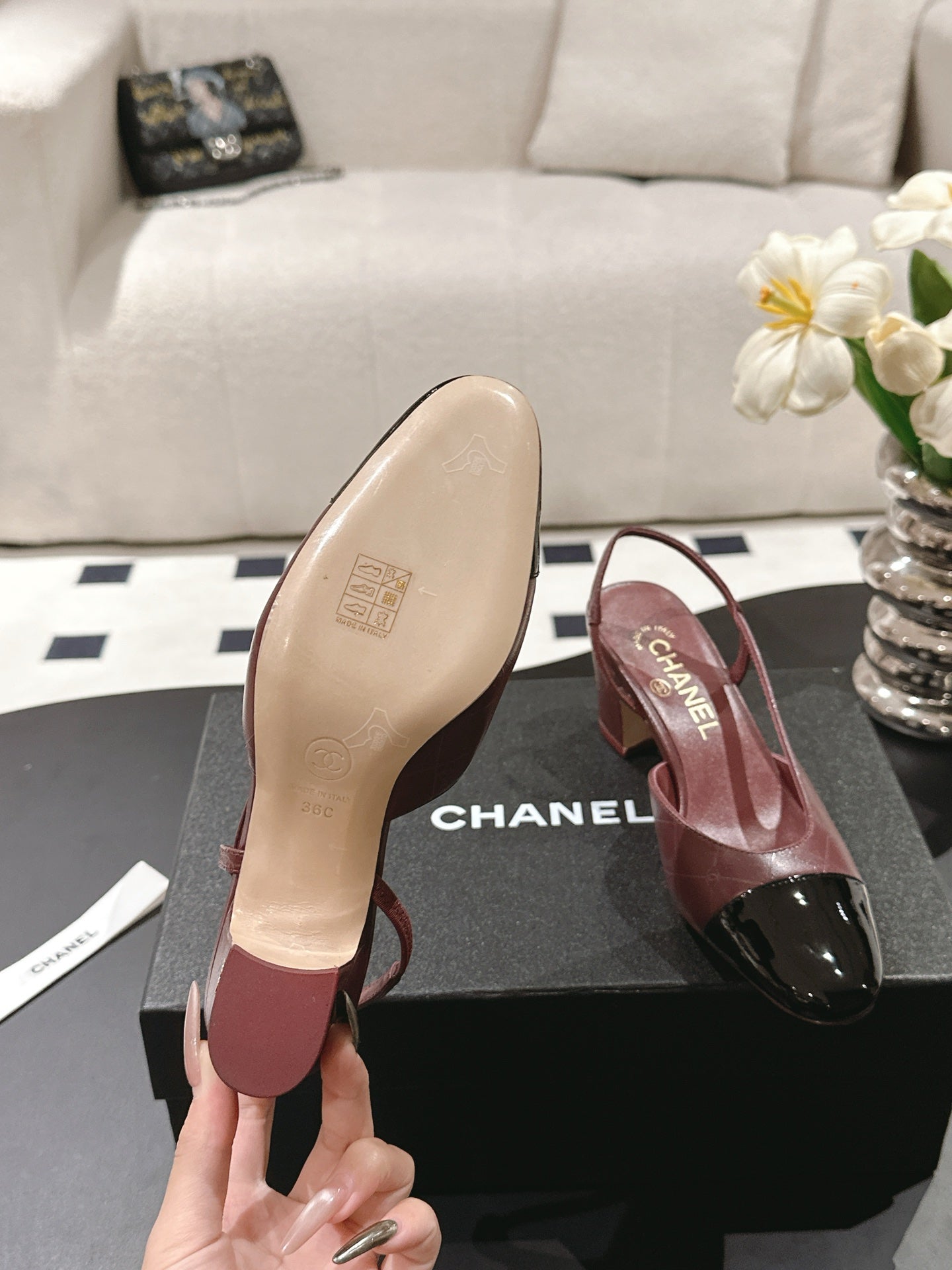 CHANEL 25 Slingback Heel Red Embossed Leather 237496