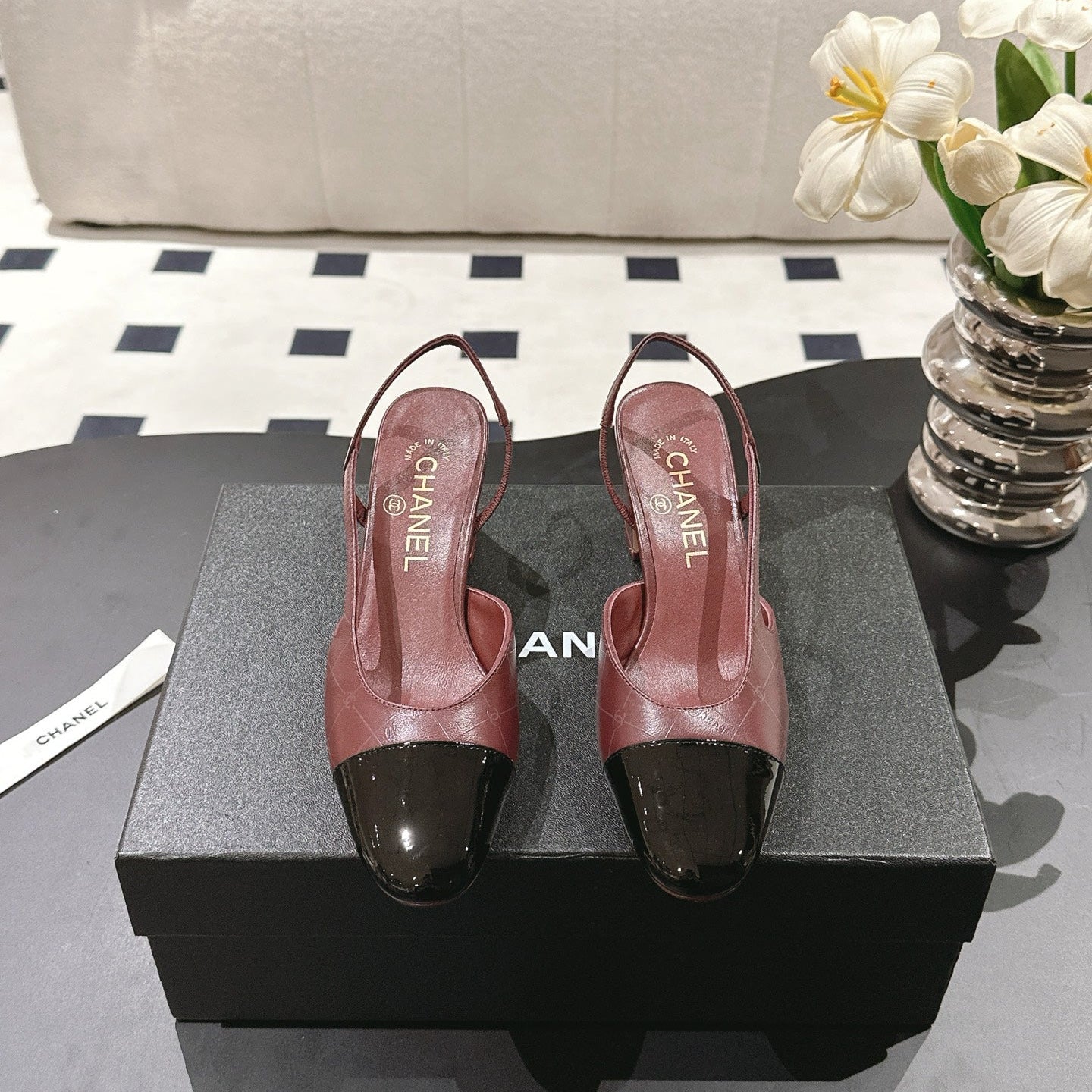 CHANEL 25 Slingback Heel Red Embossed Leather 237496