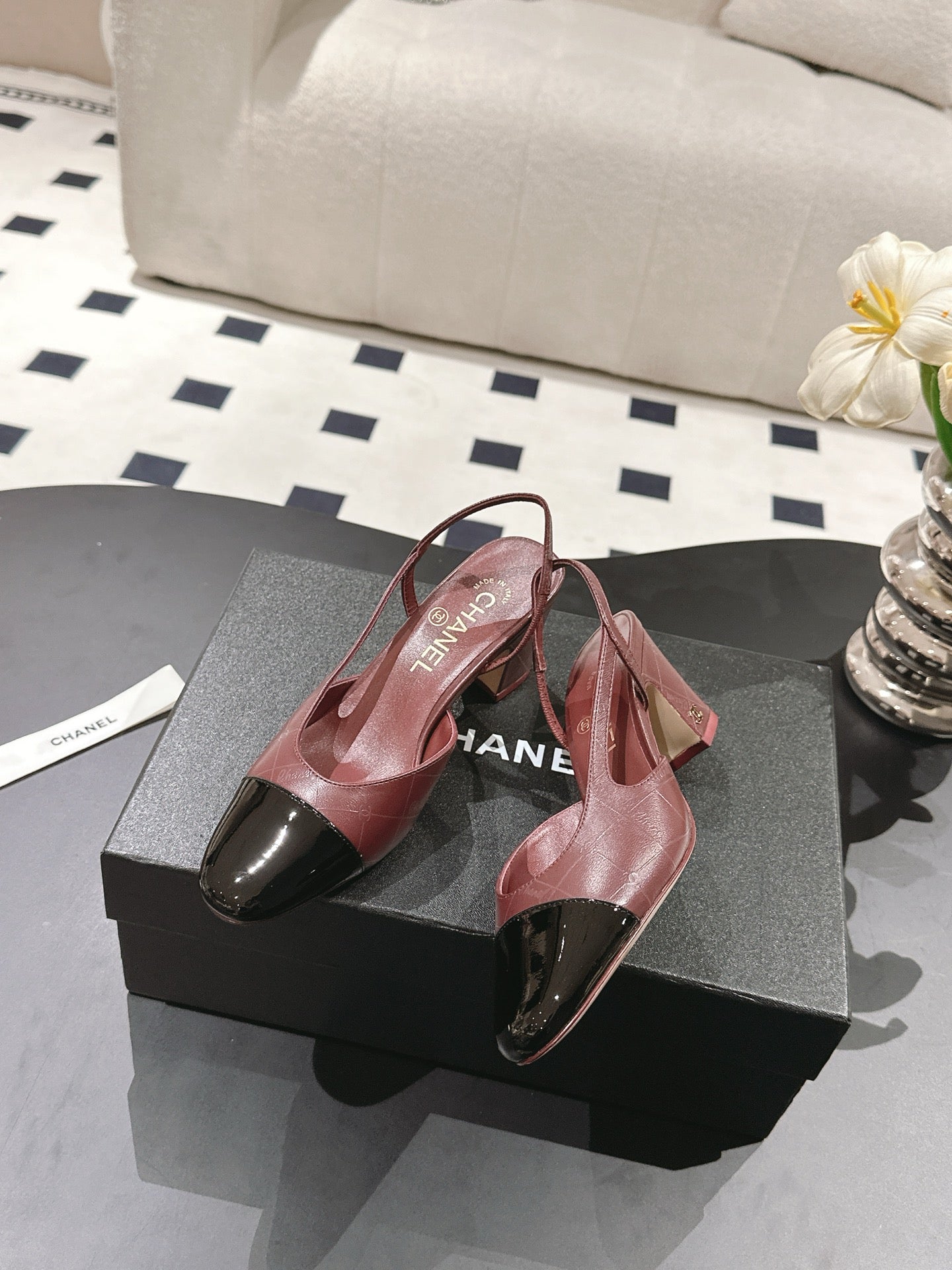 CHANEL 25 Slingback Heel Red Embossed Leather 237496
