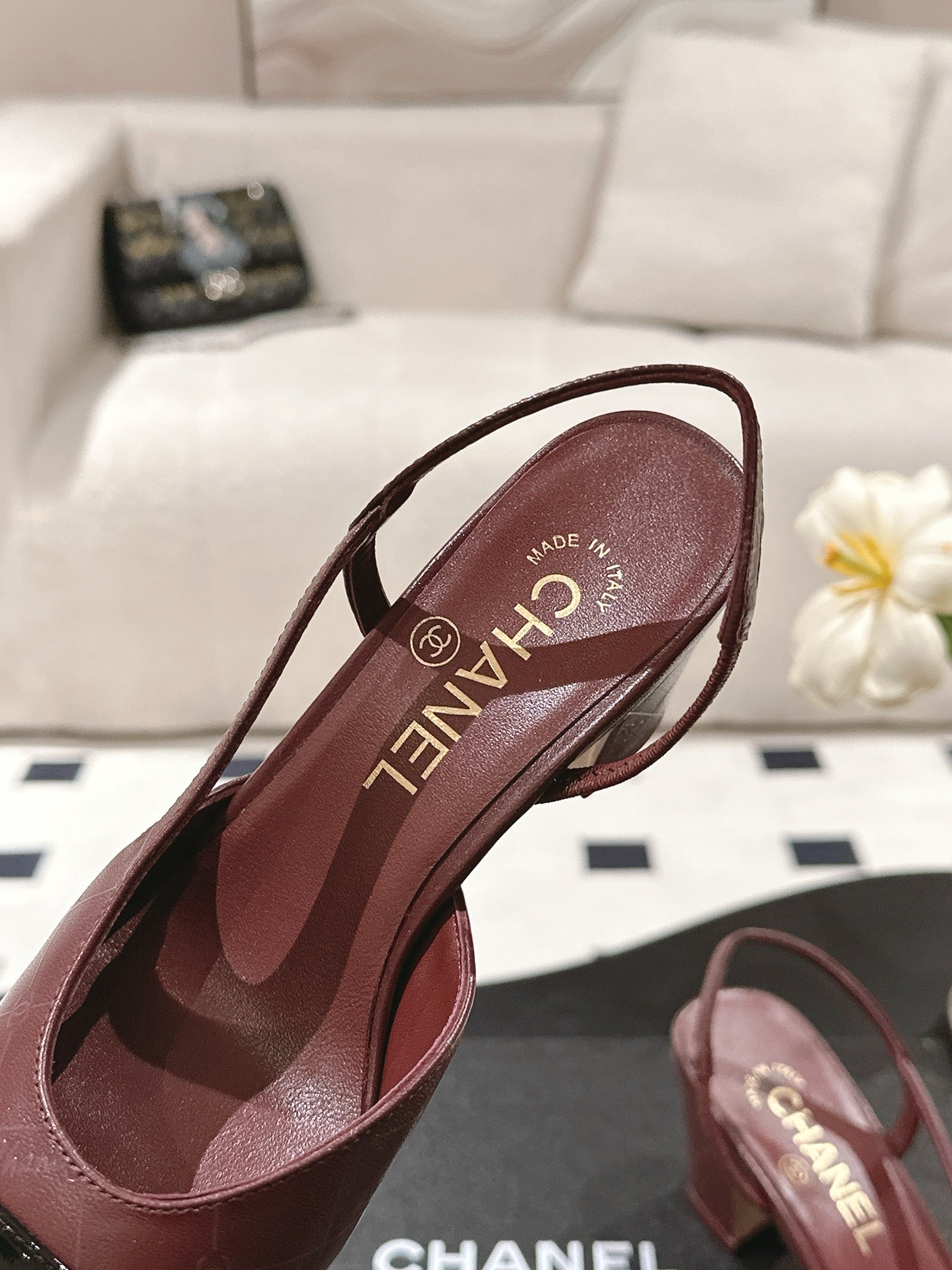 CHANEL 25 Slingback Heel Red Embossed Leather 237496