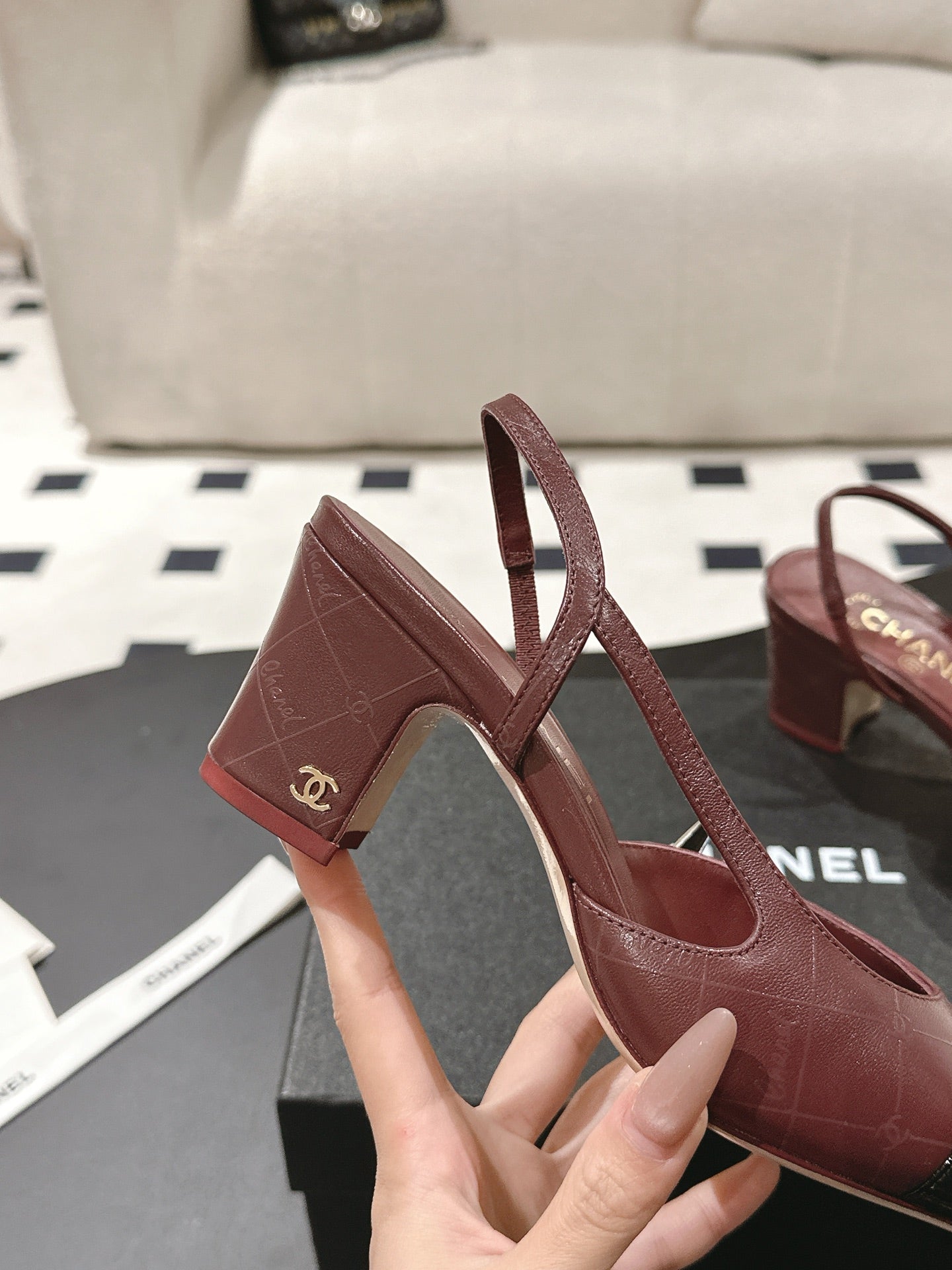 CHANEL 25 Slingback Heel Red Embossed Leather 237496
