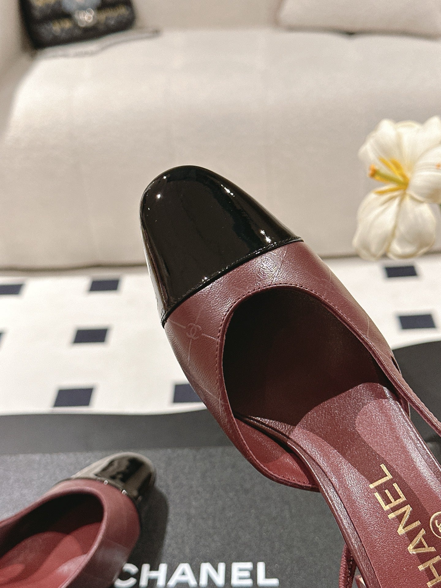 CHANEL 25 Slingback Heel Red Embossed Leather 237496