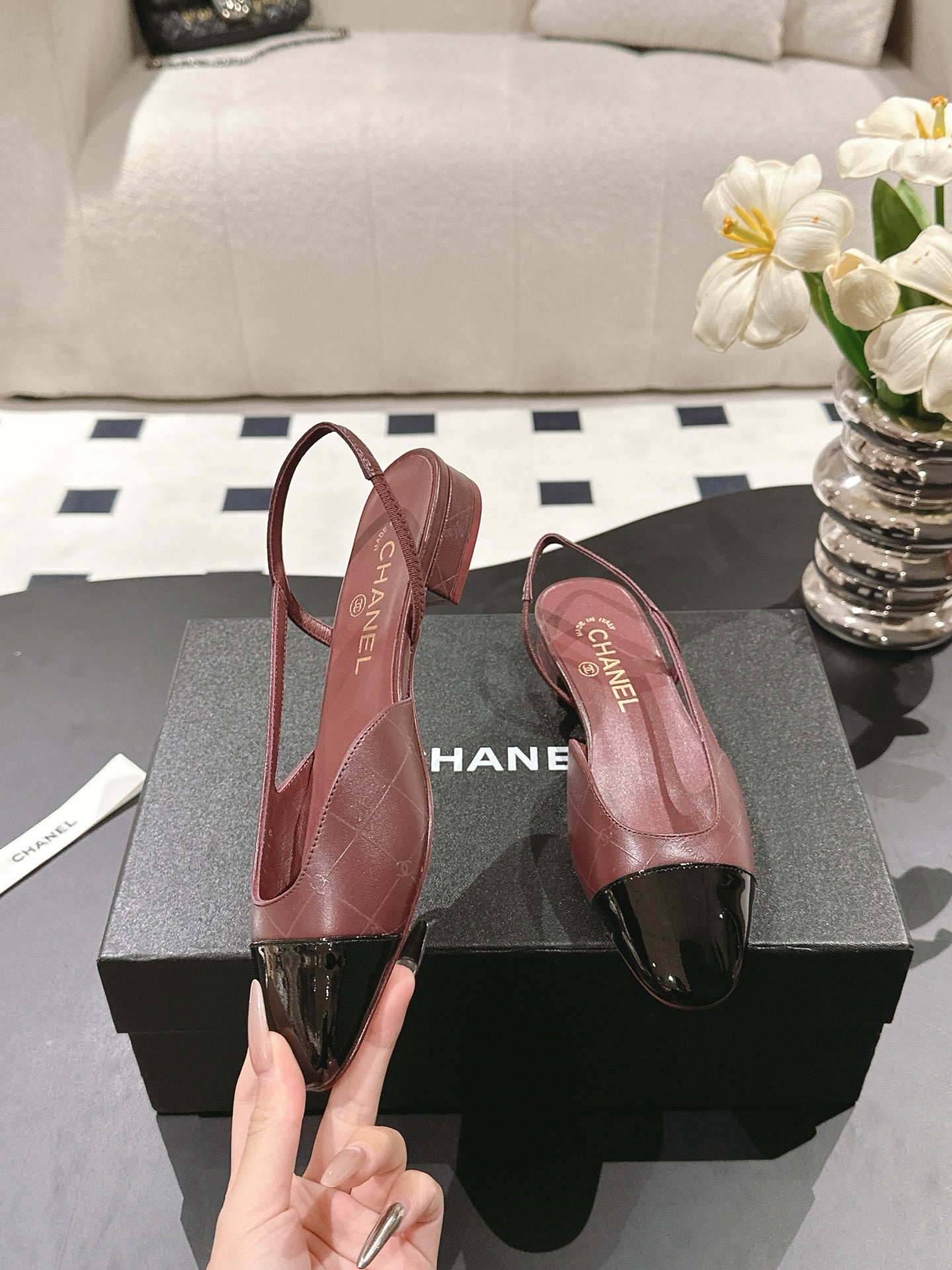 CHANEL 25 Slingback Flats Red Emobossed Leather 237491
