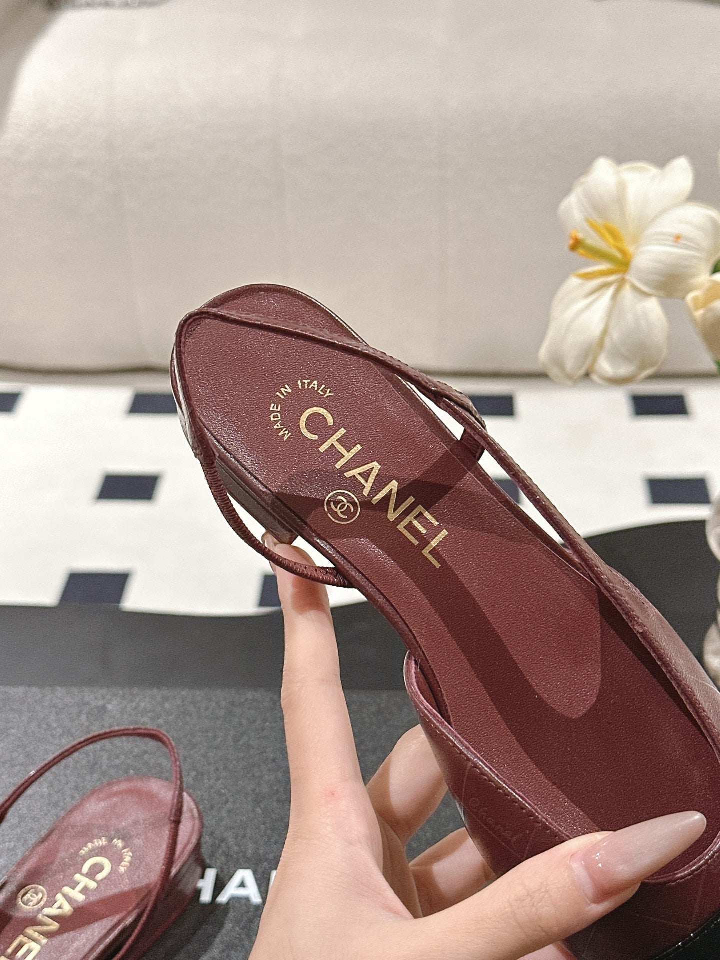 CHANEL 25 Slingback Flats Red Emobossed Leather 237491