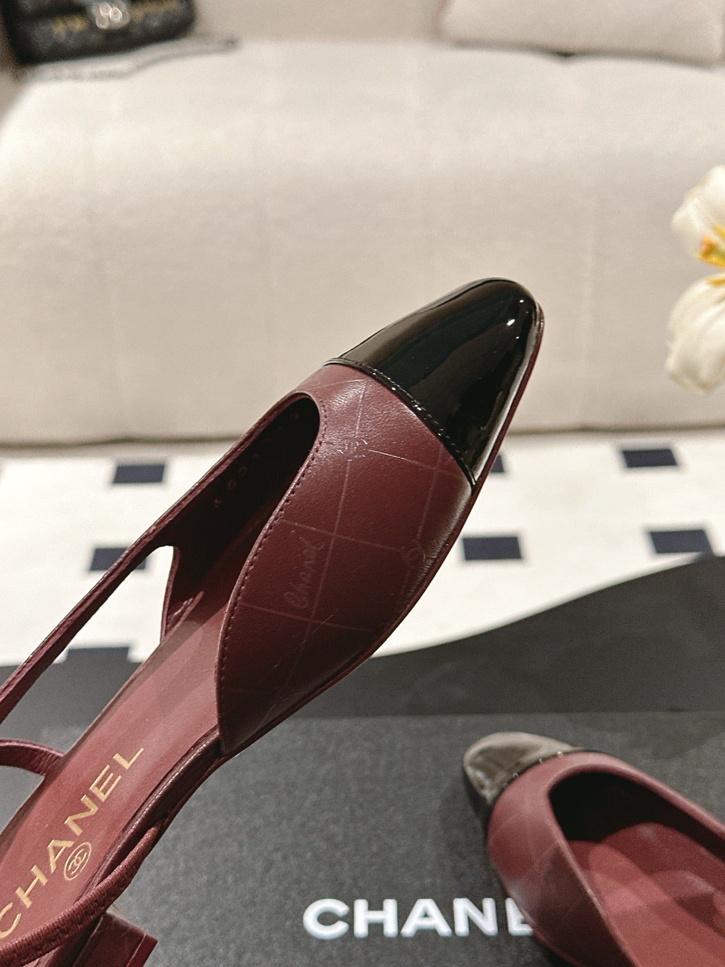 CHANEL 25 Slingback Flats Red Emobossed Leather 237491