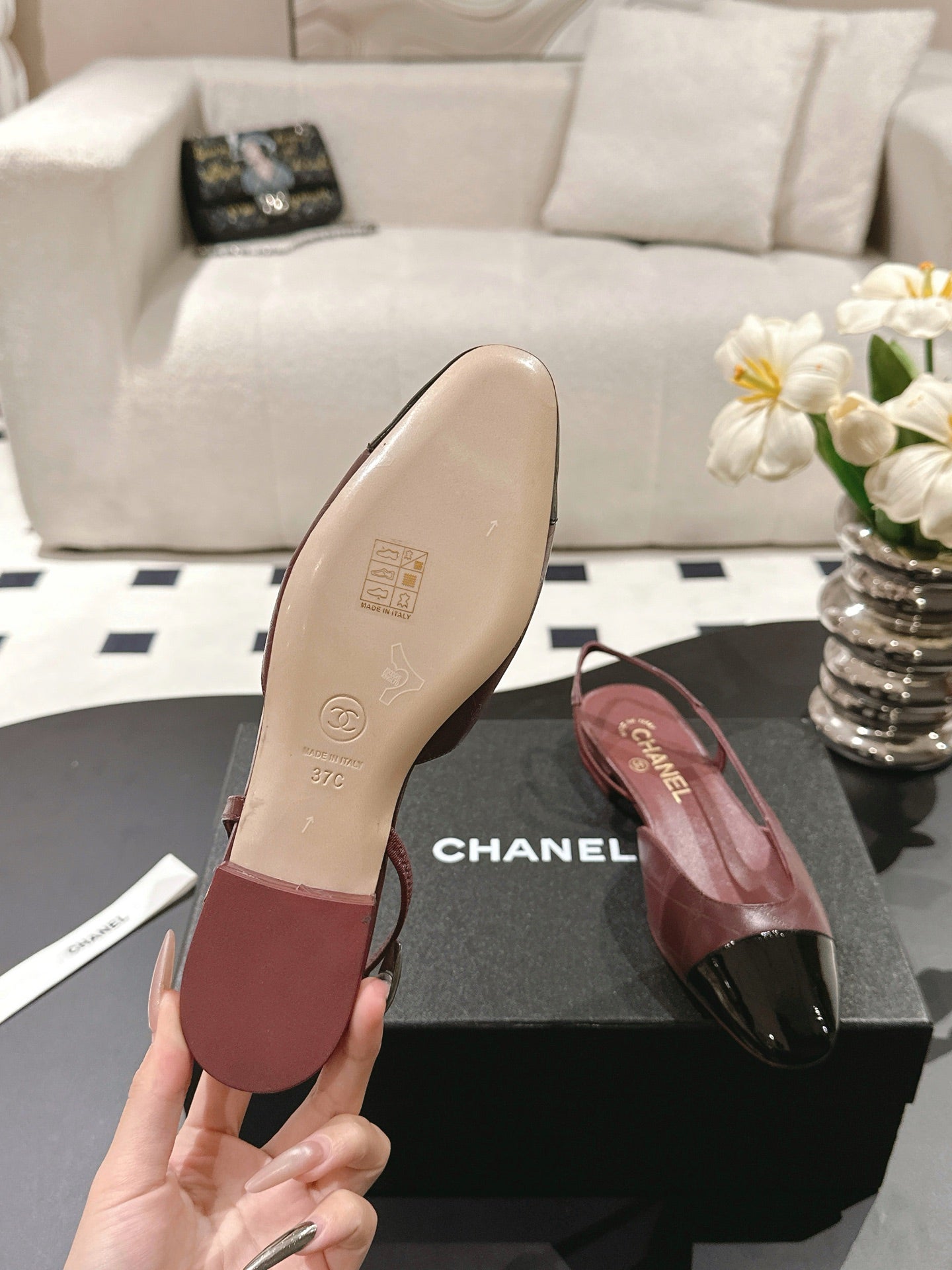 CHANEL 25 Slingback Flats Red Emobossed Leather 237491