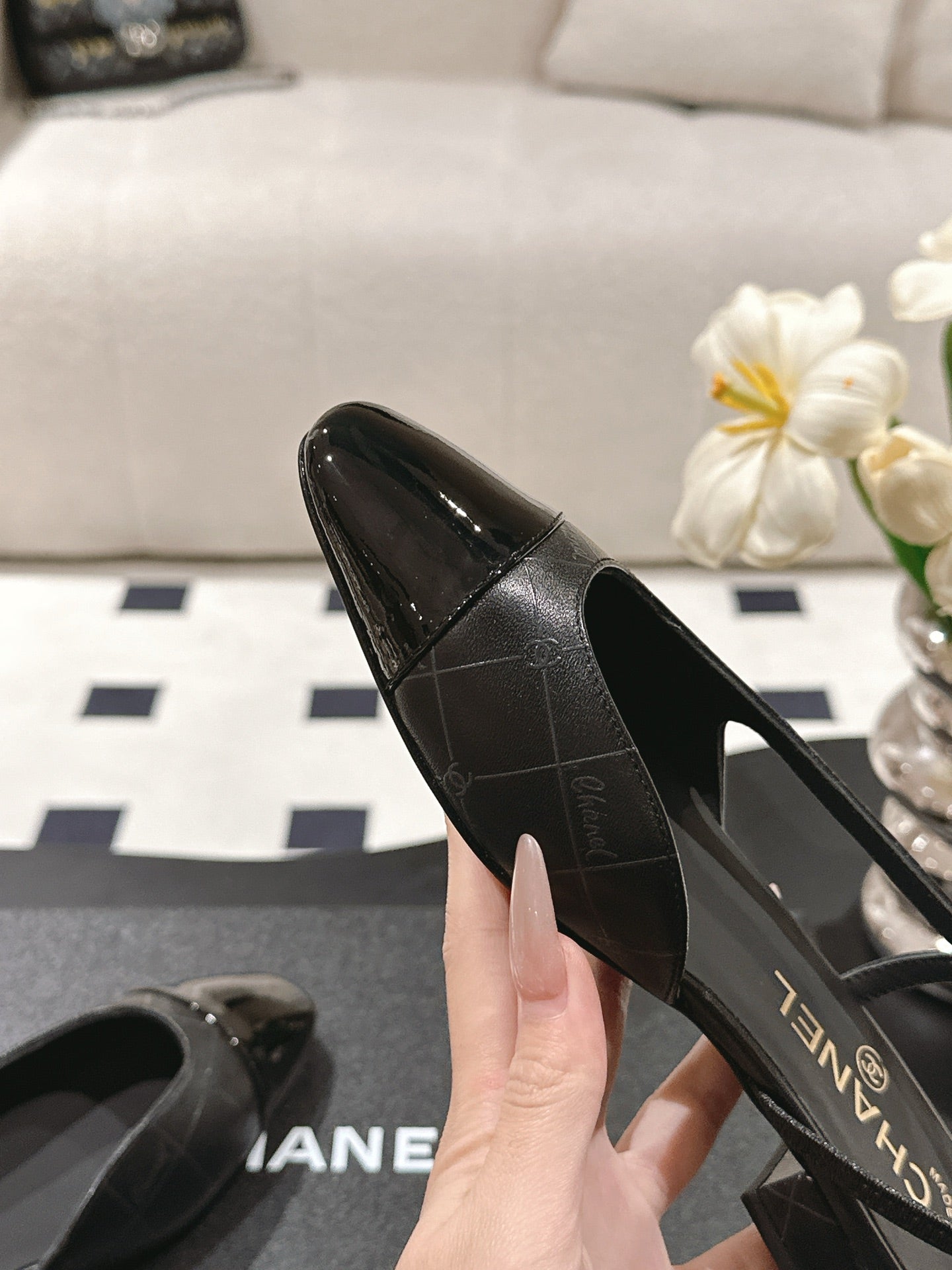 CHANEL 25 Slingback Flats Black Embossed Leather 237492