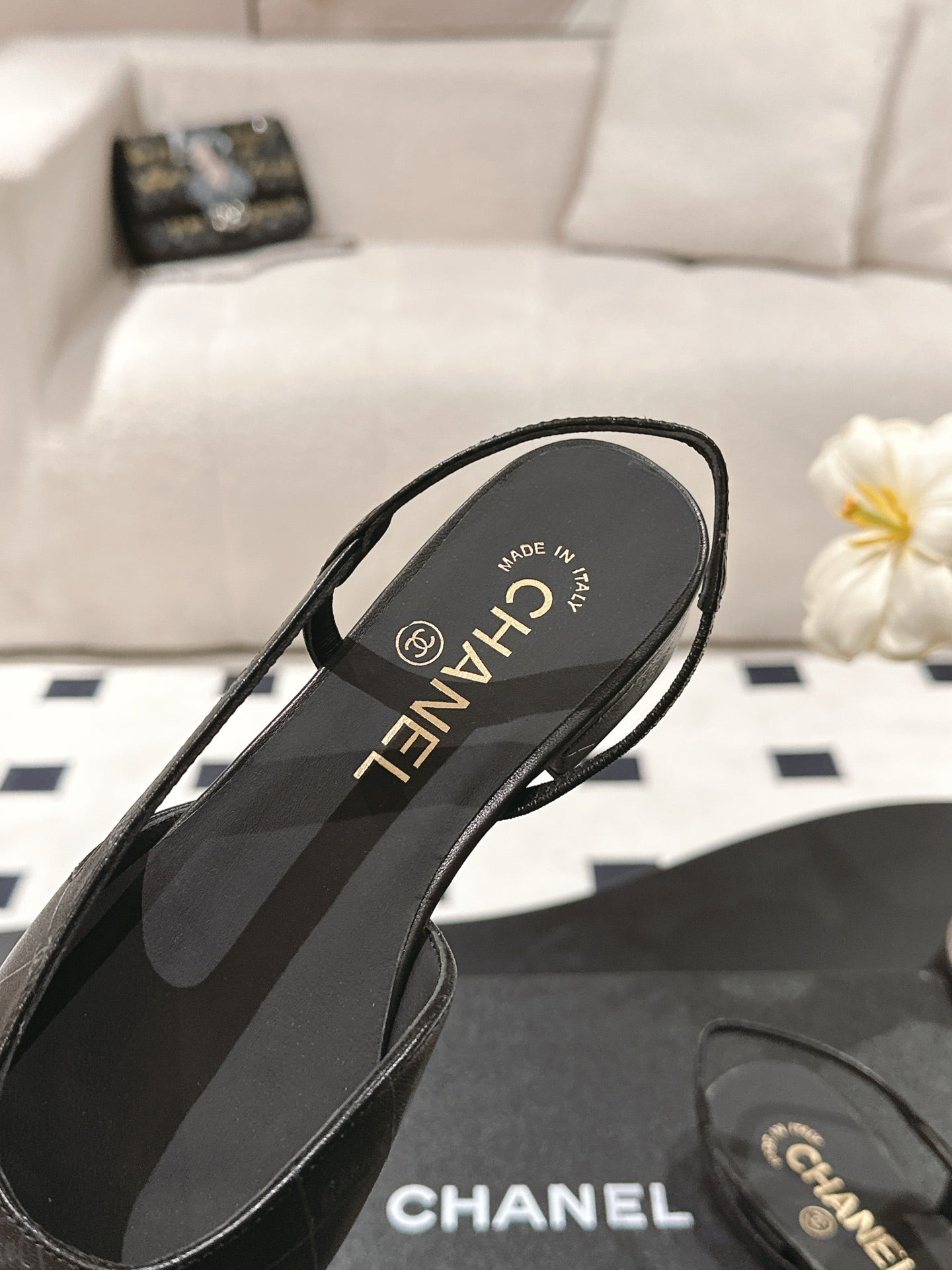 CHANEL 25 Slingback Flats Black Embossed Leather 237492