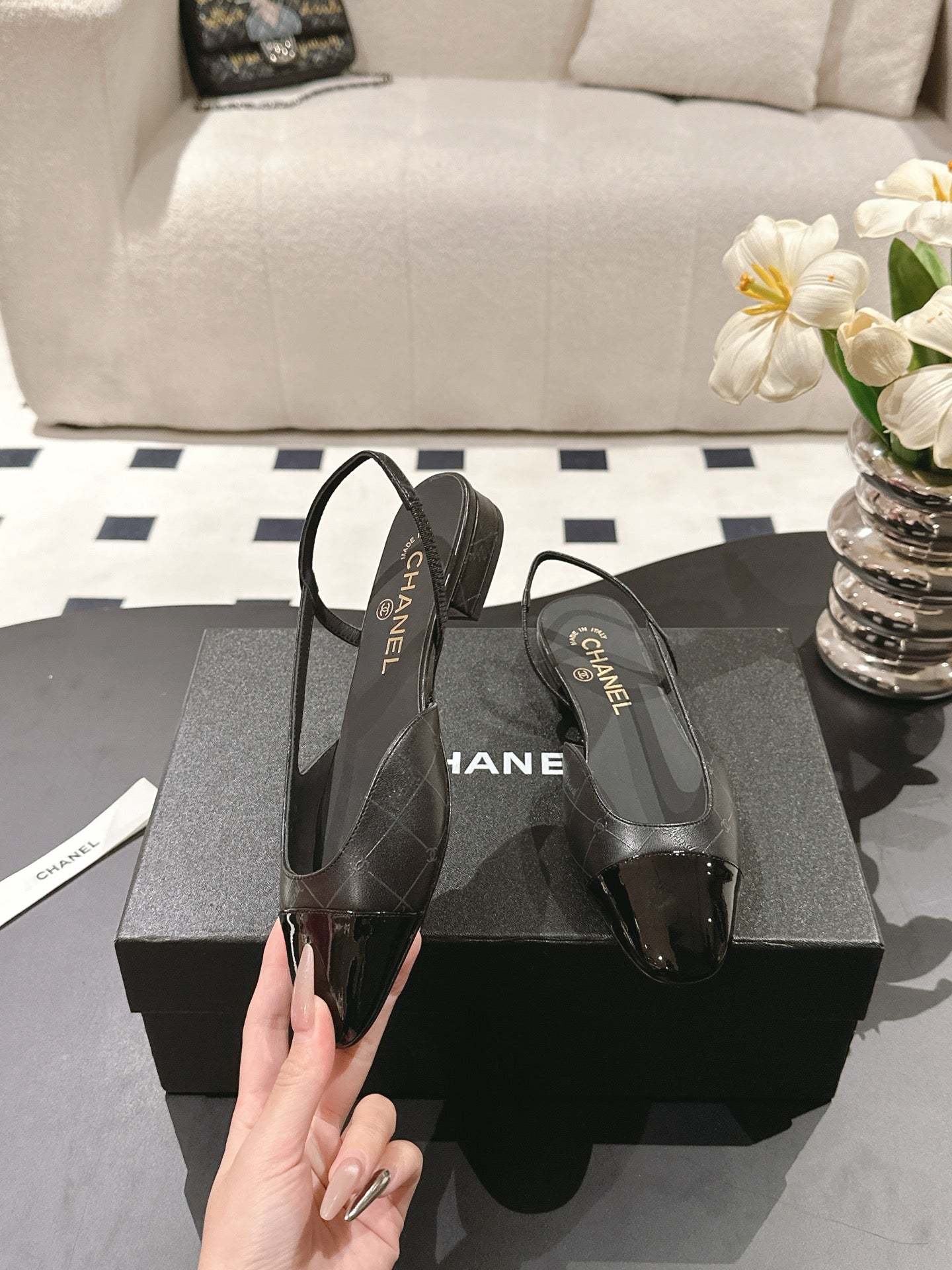 CHANEL 25 Slingback Flats Black Embossed Leather 237492