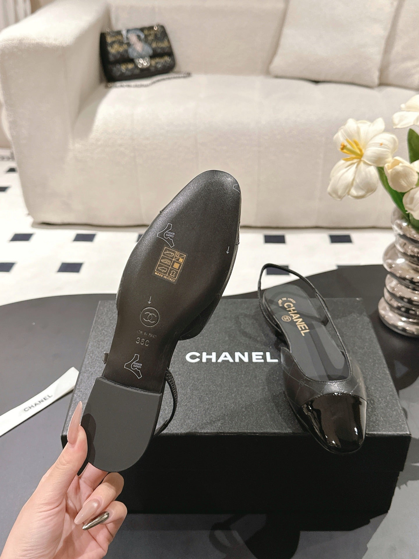CHANEL 25 Slingback Flats Black Embossed Leather 237492