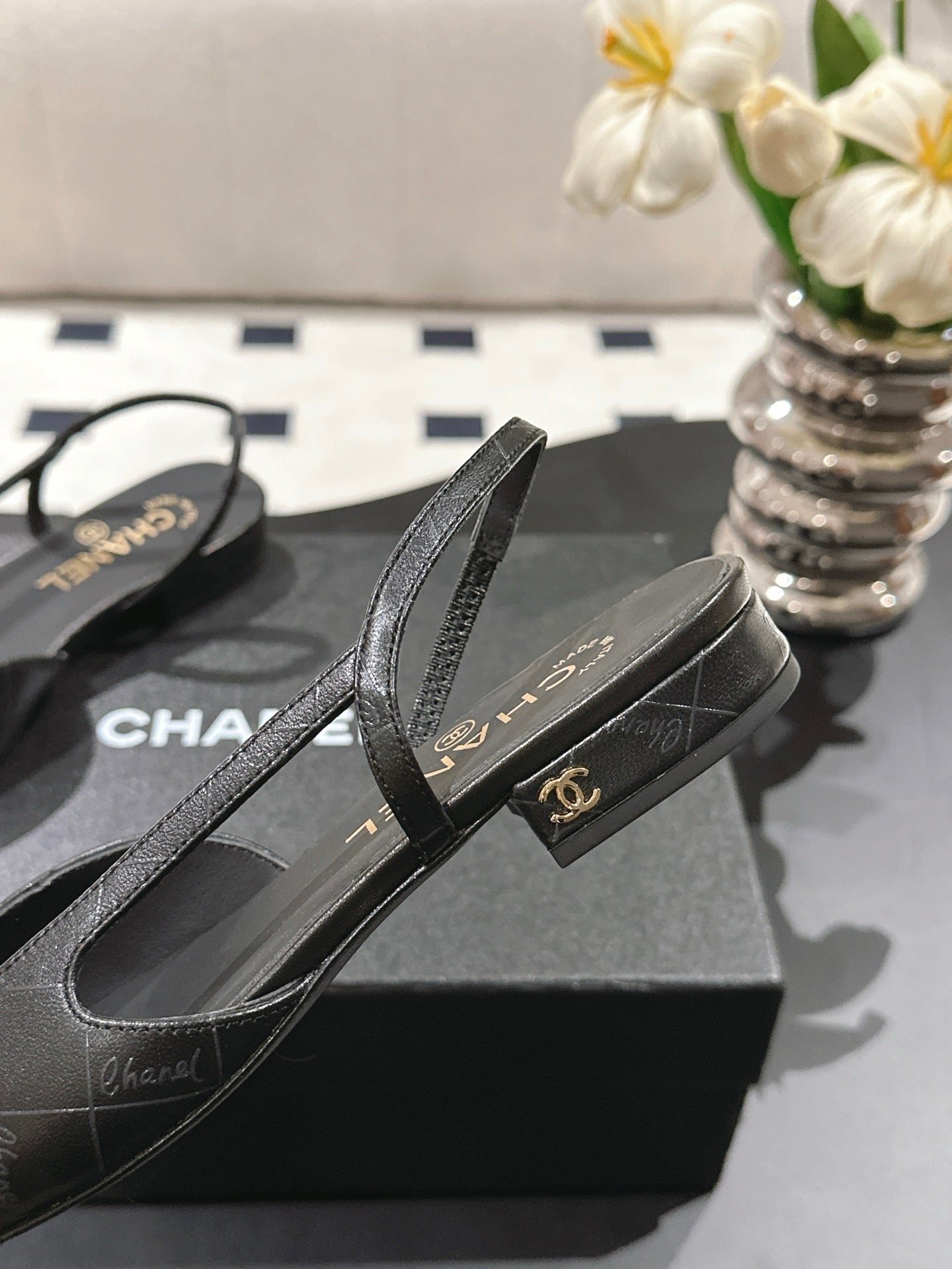 CHANEL 25 Slingback Flats Black Embossed Leather 237492