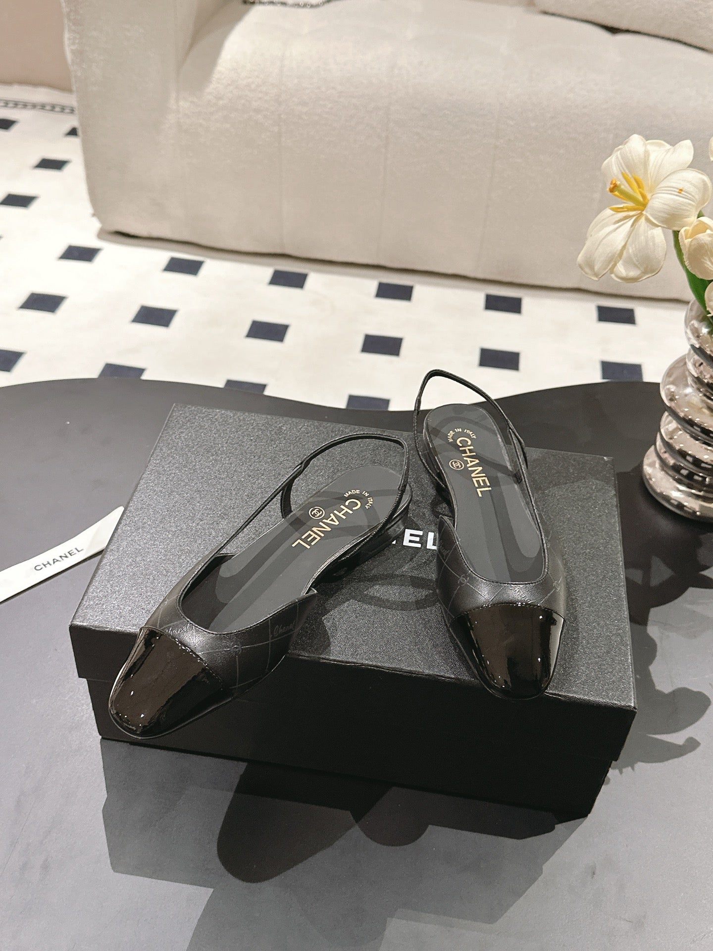 CHANEL 25 Slingback Flats Black Embossed Leather 237492