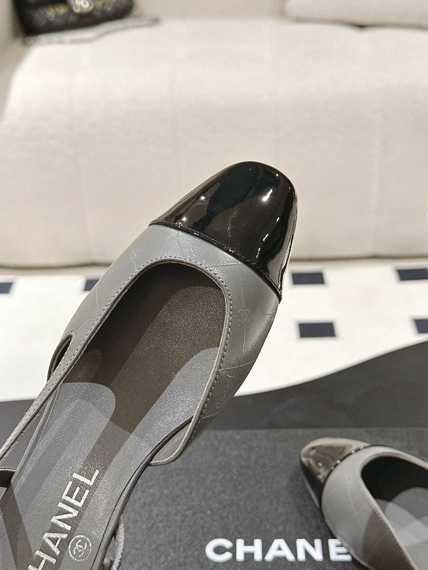 CHANEL 25 Slingback Heel Gray Embossed Leather 237497