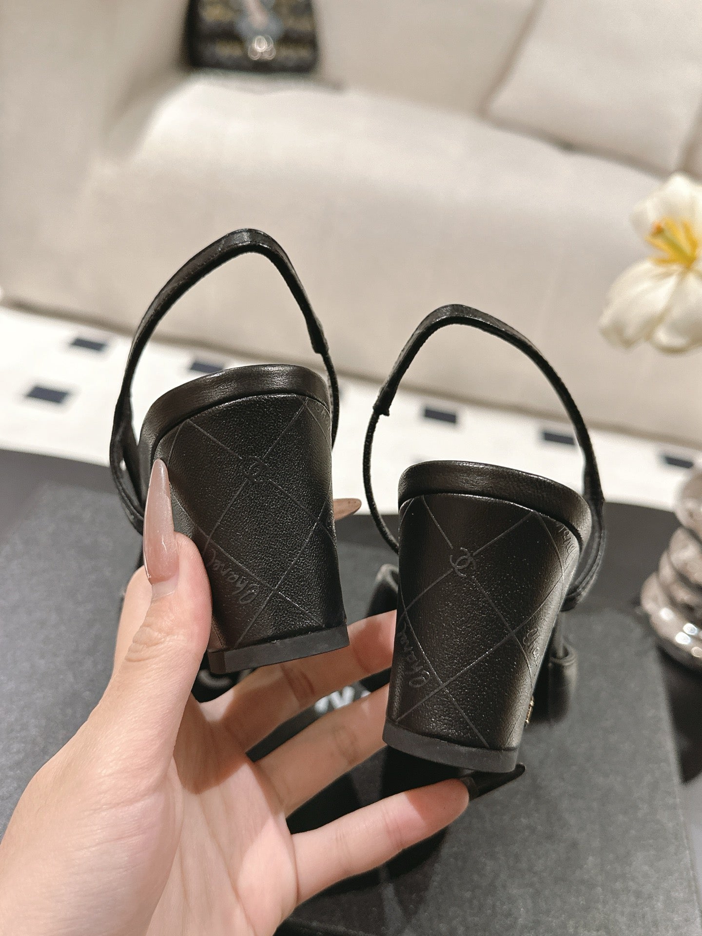 CHANEL 25 Slingback Heel Black Embossed Leather 237494