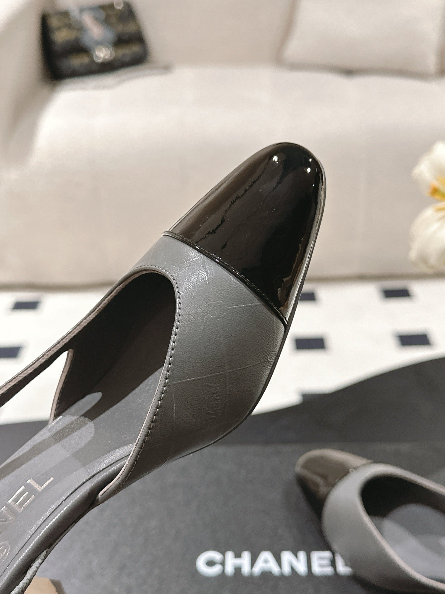 CHANEL 25 Slingback Heel Gray Embossed Leather 237497