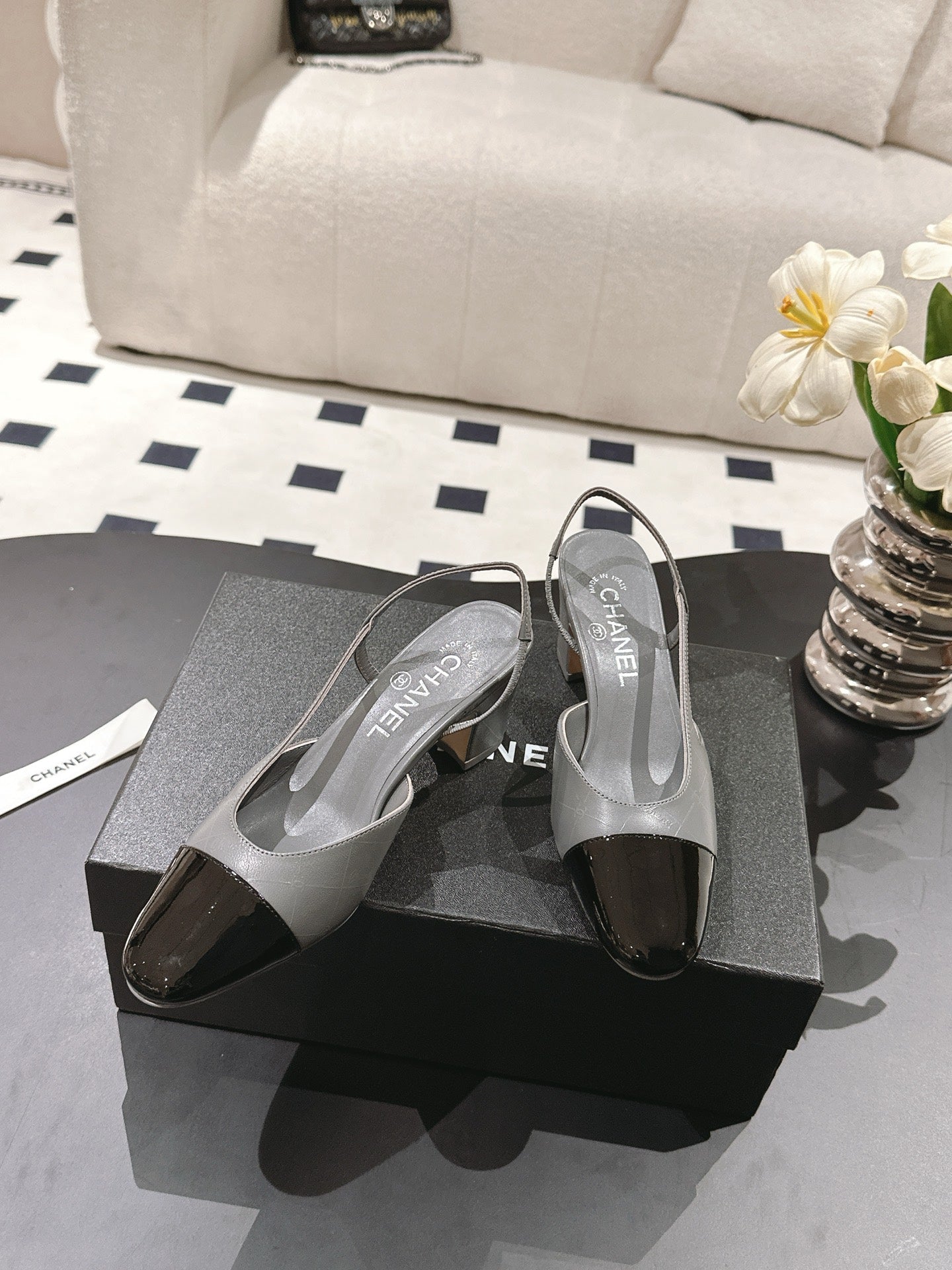 CHANEL 25 Slingback Heel Gray Embossed Leather 237497