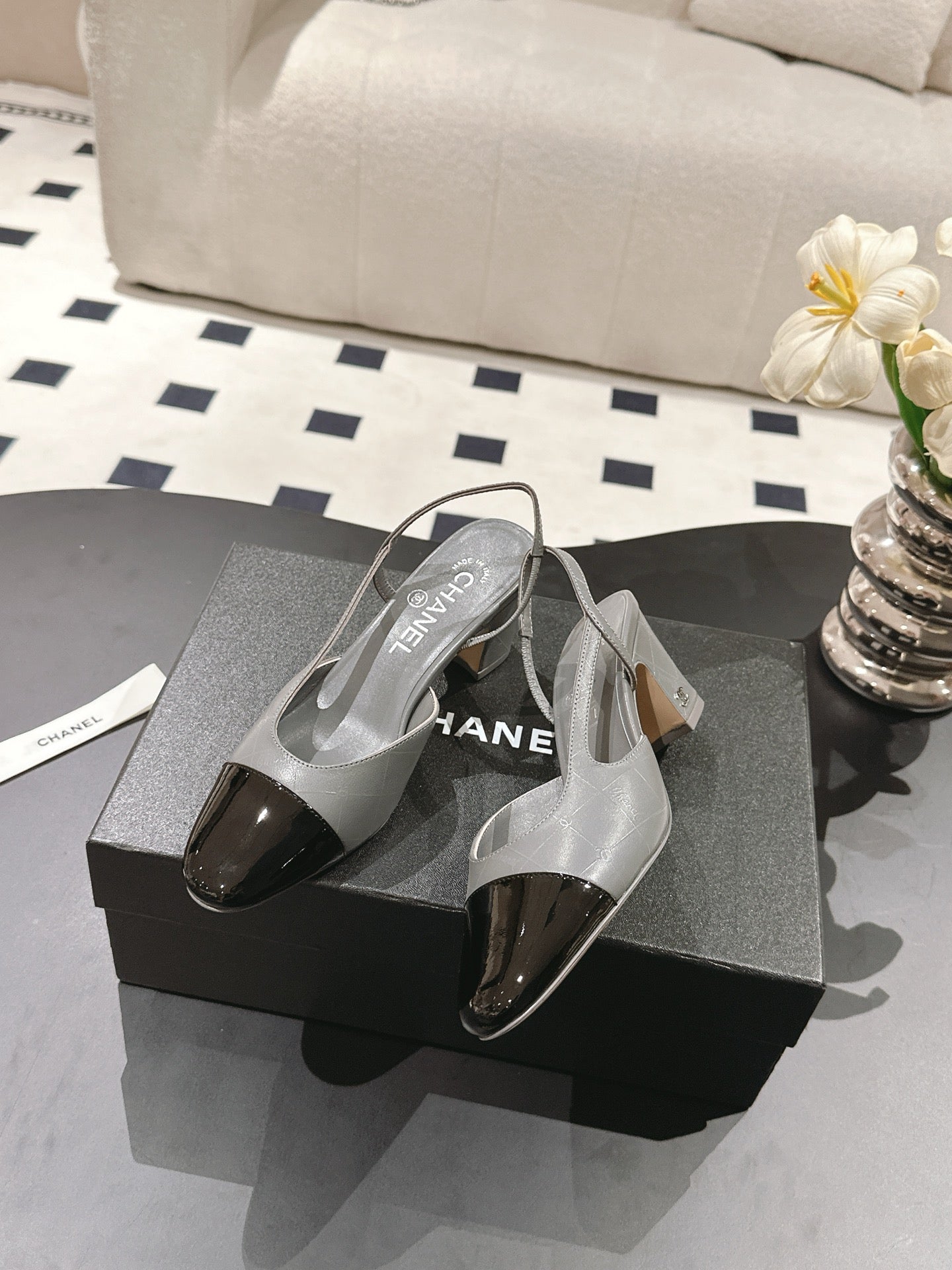 CHANEL 25 Slingback Flats Gray Emobossed Leather 237497