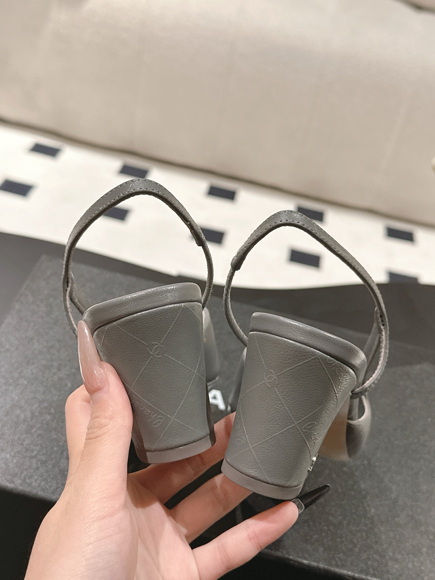 CHANEL 25 Slingback Flats Gray Emobossed Leather 237497